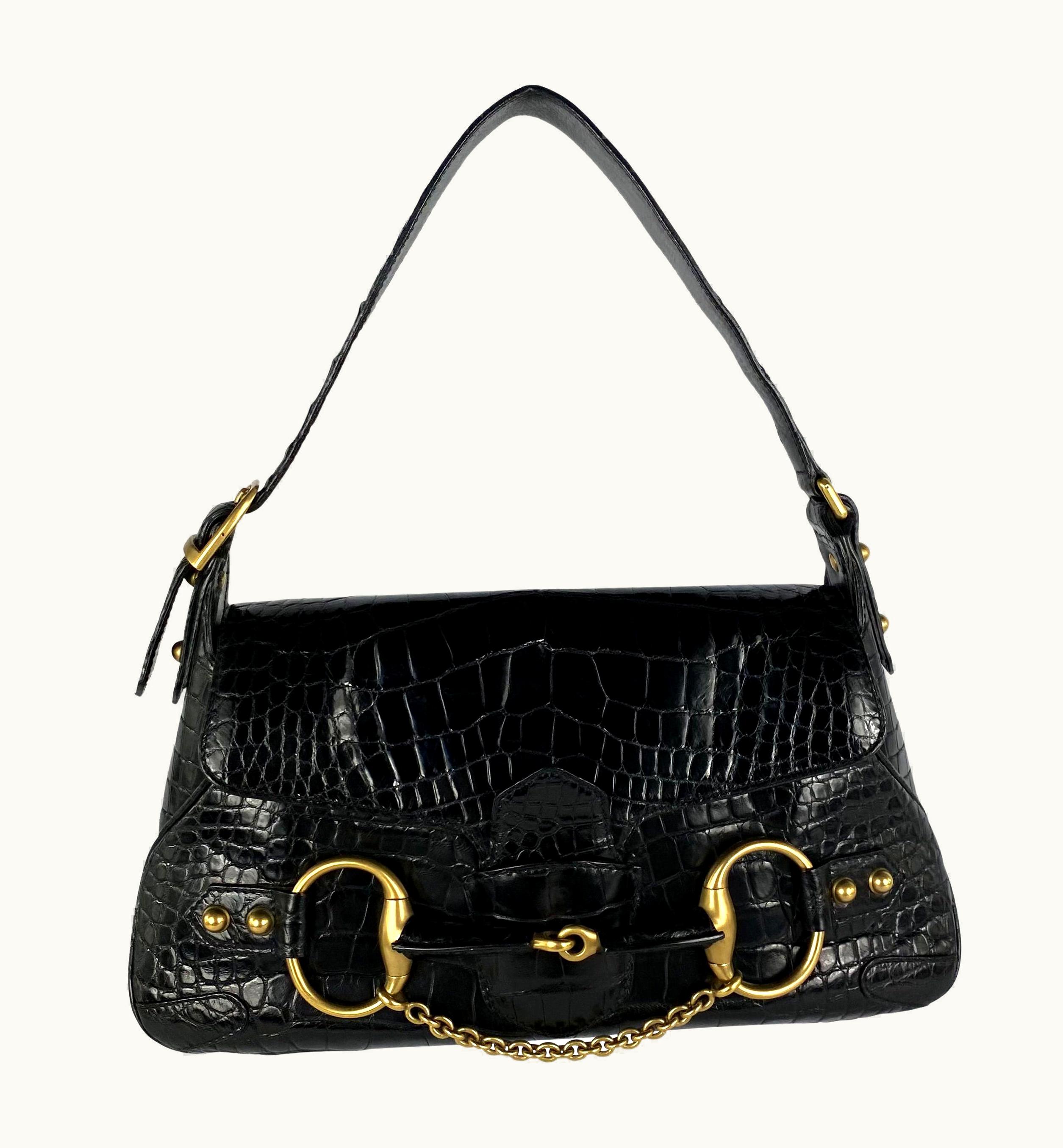 Gucci AW 2003 Gucci By Tom Ford Runway Black Alligator Horsebit Chain Shoulder Bag
