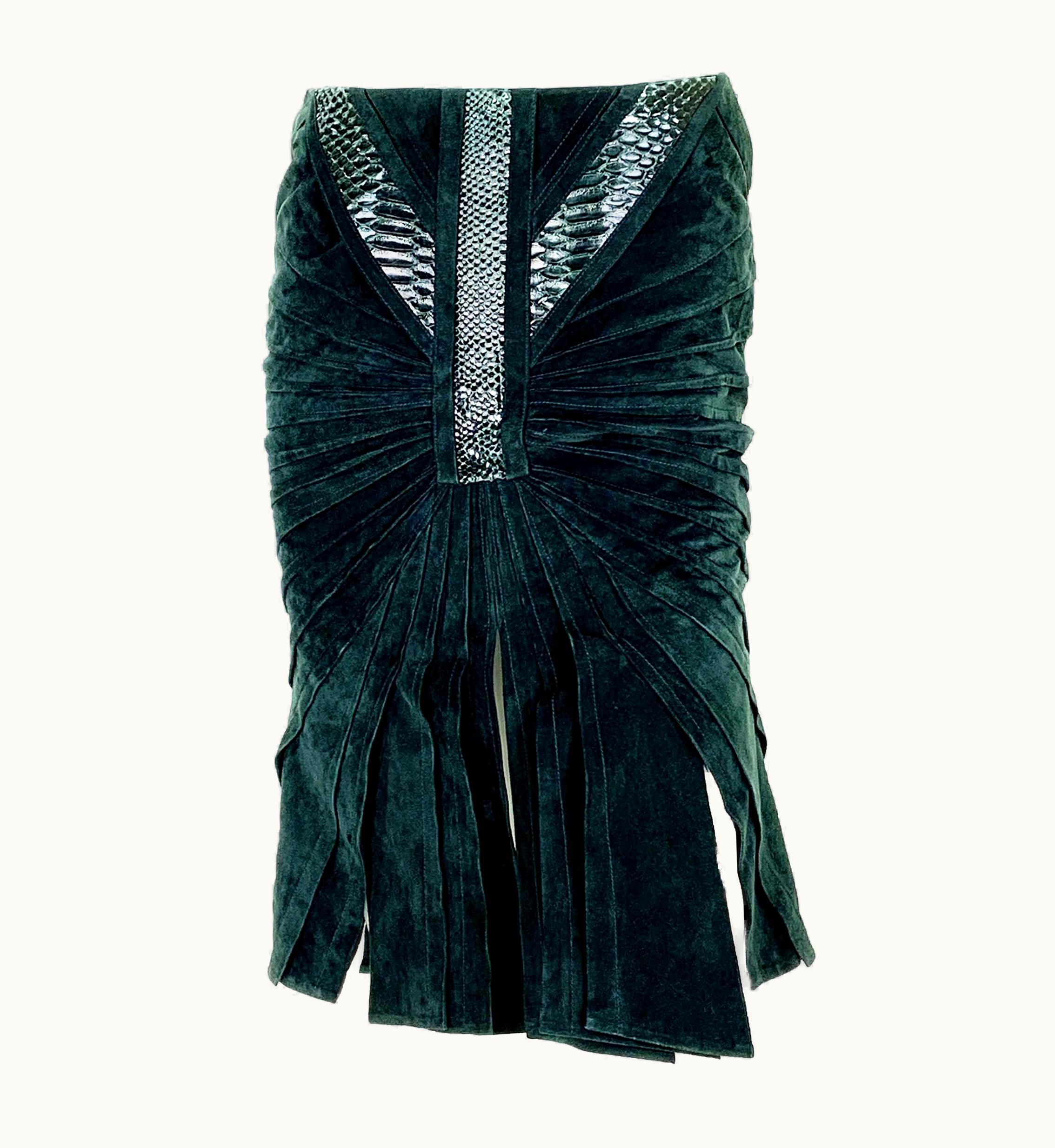 Gucci Tom Ford For Gucci AW 2004 Dark Green Suede Python Trim Skirt It 42 &