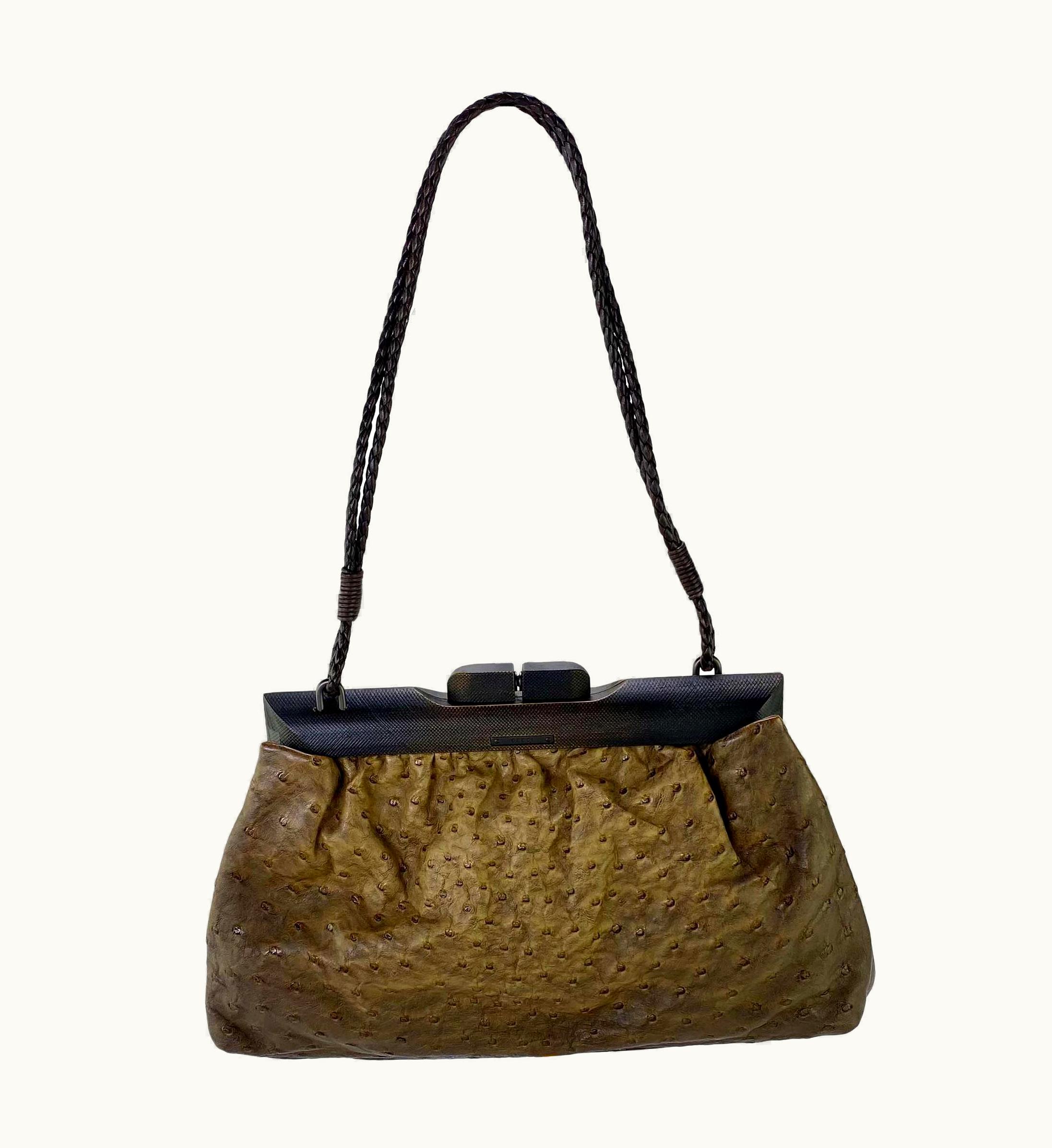 Gucci AW 2002 Gucci By Tom Ford Ombré Ostrich Wood Frame Braided Leather Shoulder Bag