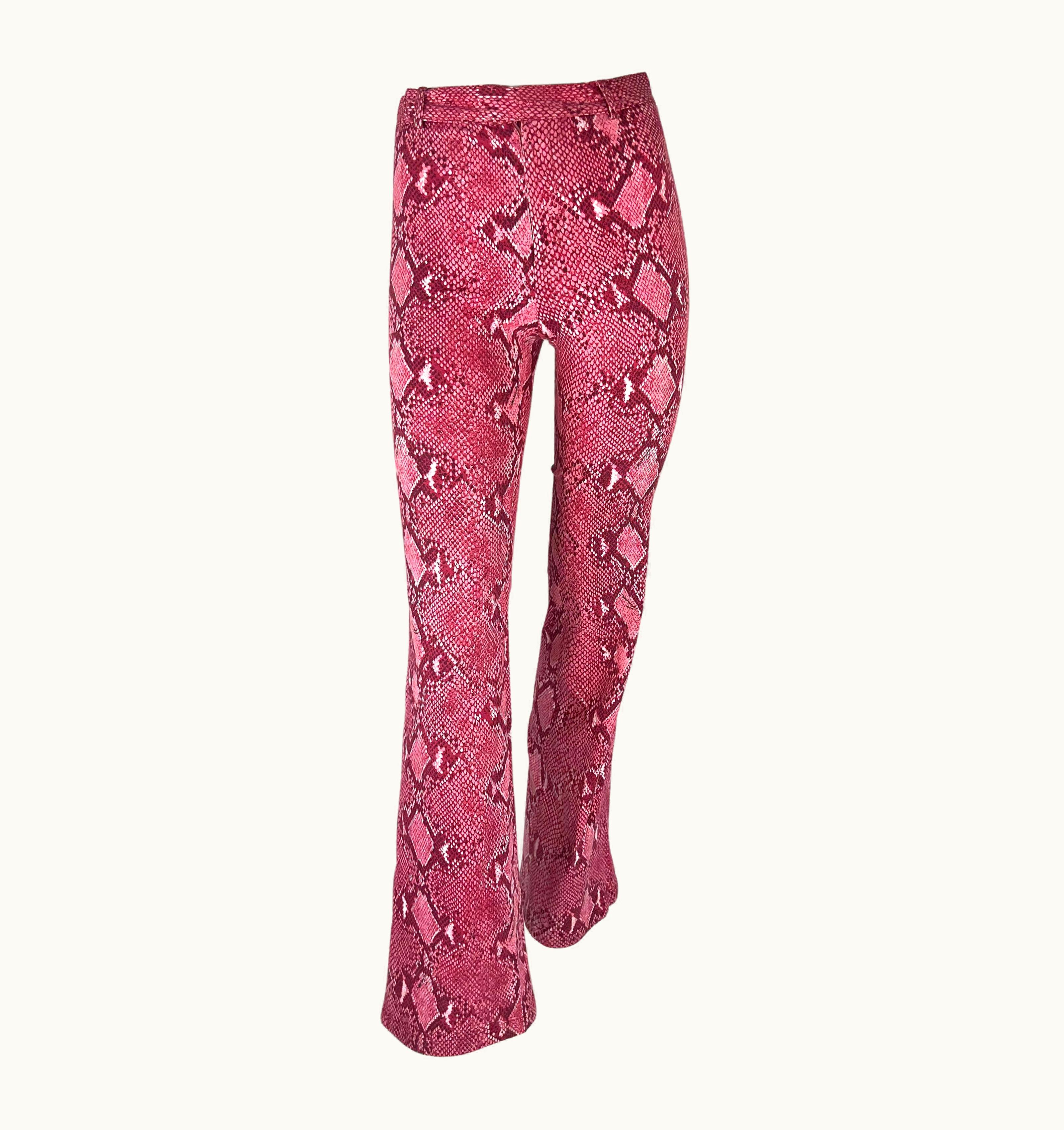 Gucci S/S 2000 Gucci By Tom Ford Pink Snakeskin Logo Print Stretch Flare Cotton Pants