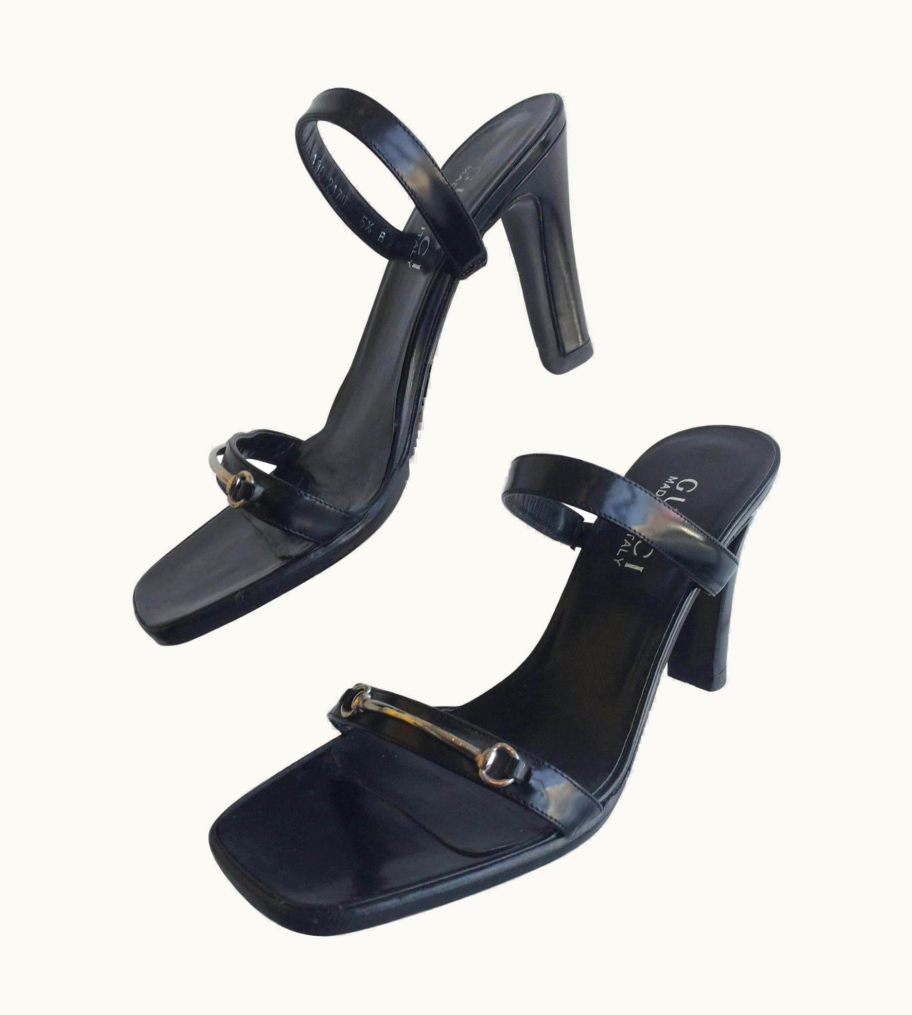 Gucci Gucci Black Leather Open Toe Heels With Silver Horsebit