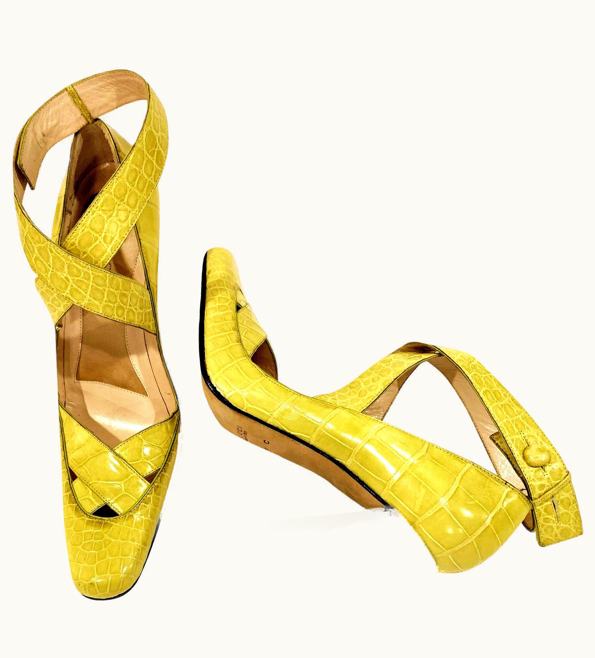 Gucci Tom Ford For Gucci Crocodile Ballerina Heels Pumps In Light Chartreuse