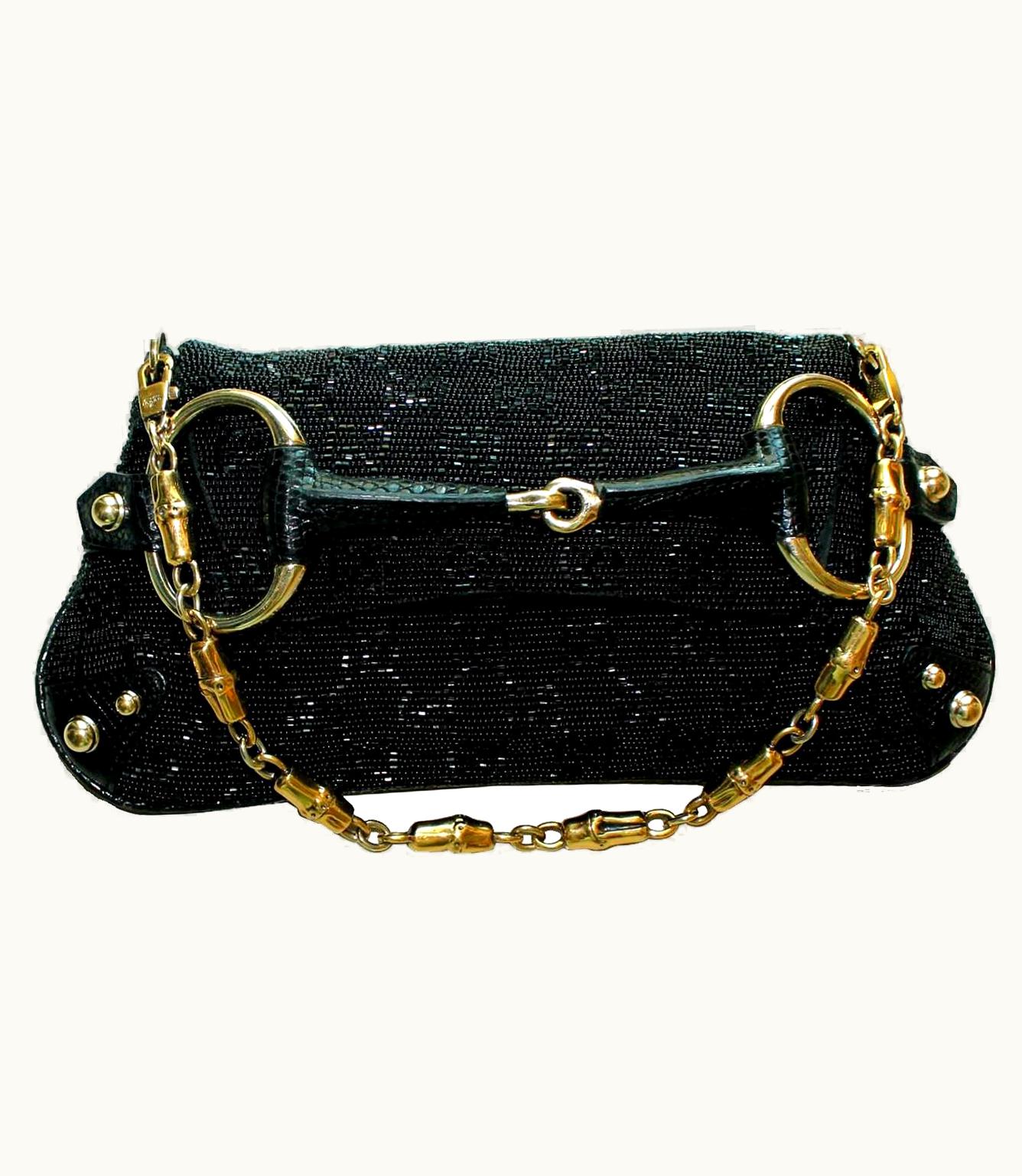 Gucci Gucci Tom Ford Black Monogram Beaded Crystal Lizard Bamboo Horsebit Clutch Bag