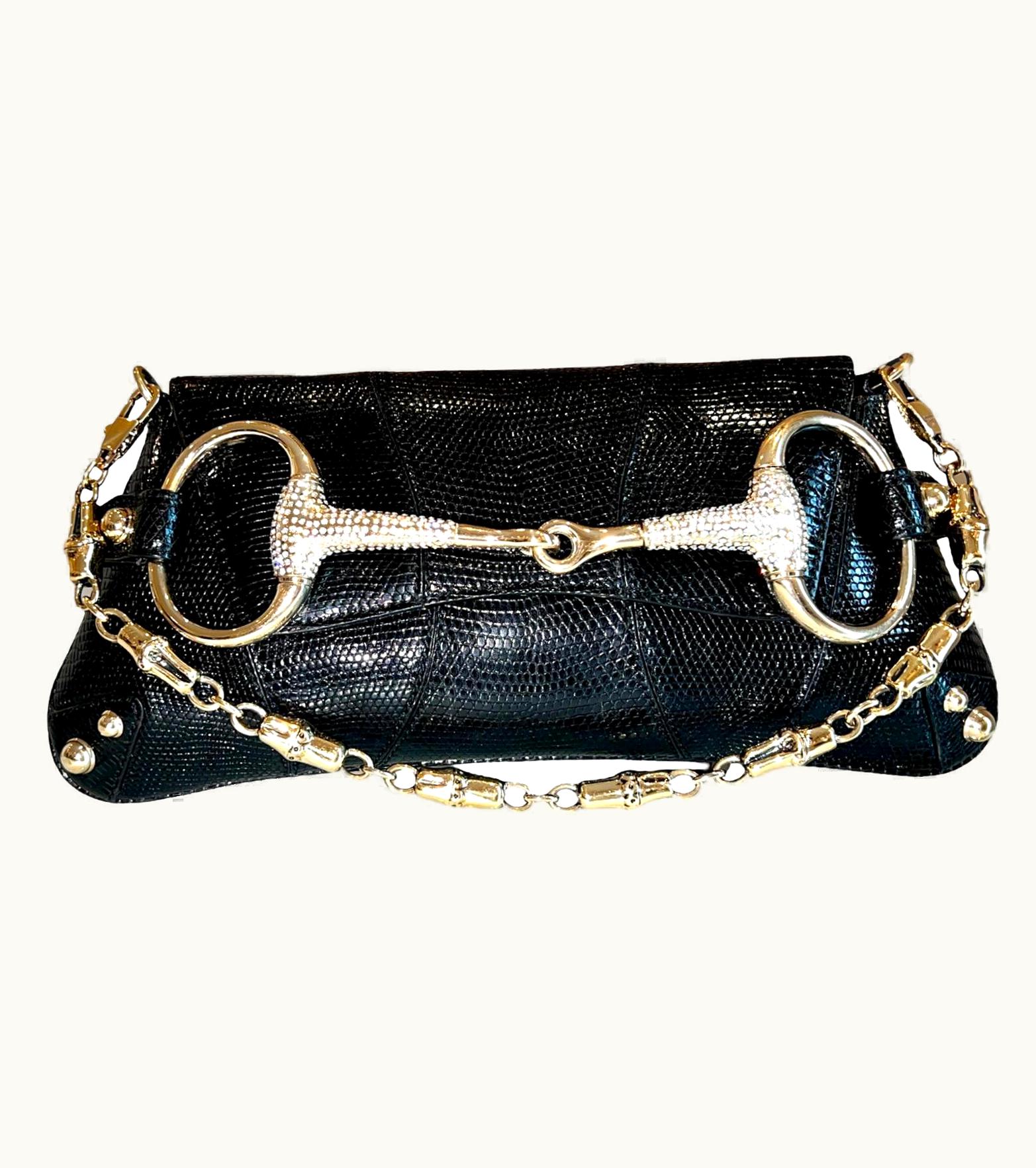 Gucci Unique Gucci Tom Ford 2003/04 Black Lizard Crystallized Horsebit Clutch Bag
