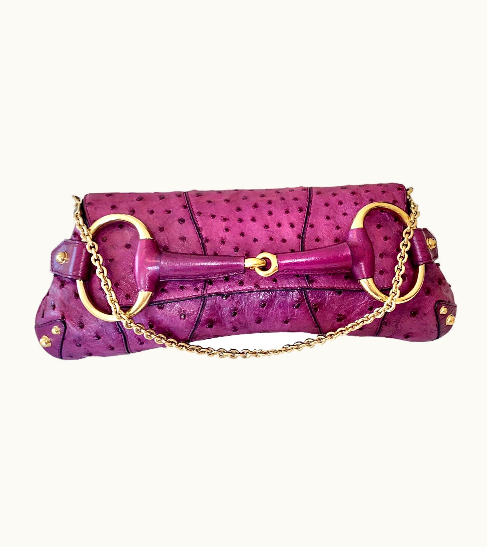 Gucci Gucci By Tom Ford 2003 Exotic Ostrich Skin Horsebit Flap Clutch Bag Xl