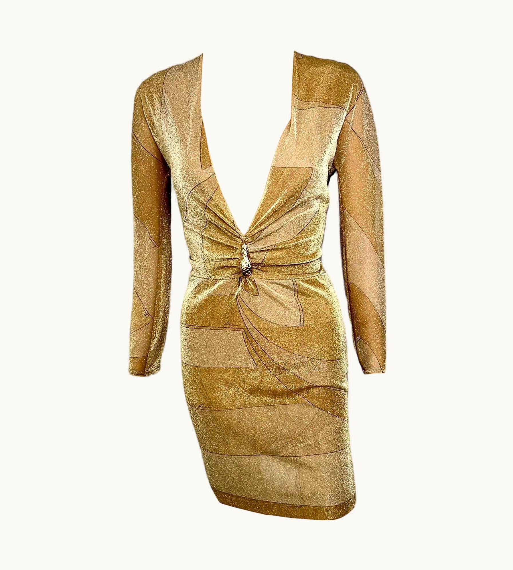 Gucci Tom Ford For Gucci AW 2000 Runway Plunged Neckline Metallic Knit Mini Dress