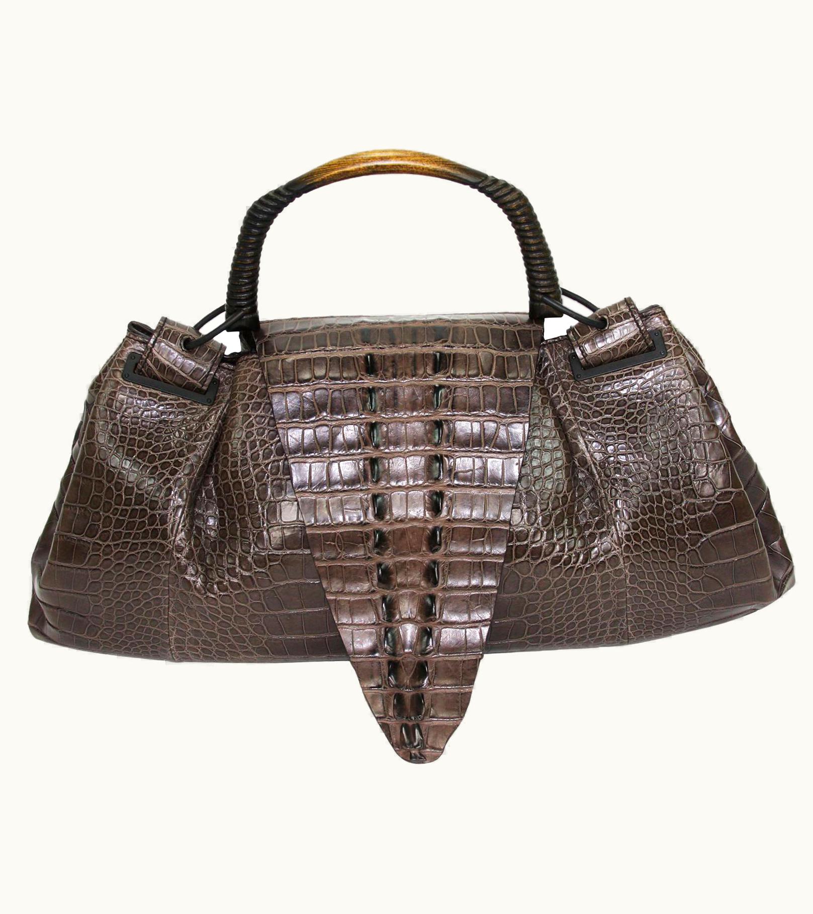 Gucci Tom Ford For Gucci AW 2002 Ad Crocodile Brown Wooden Handle Bag Large Size