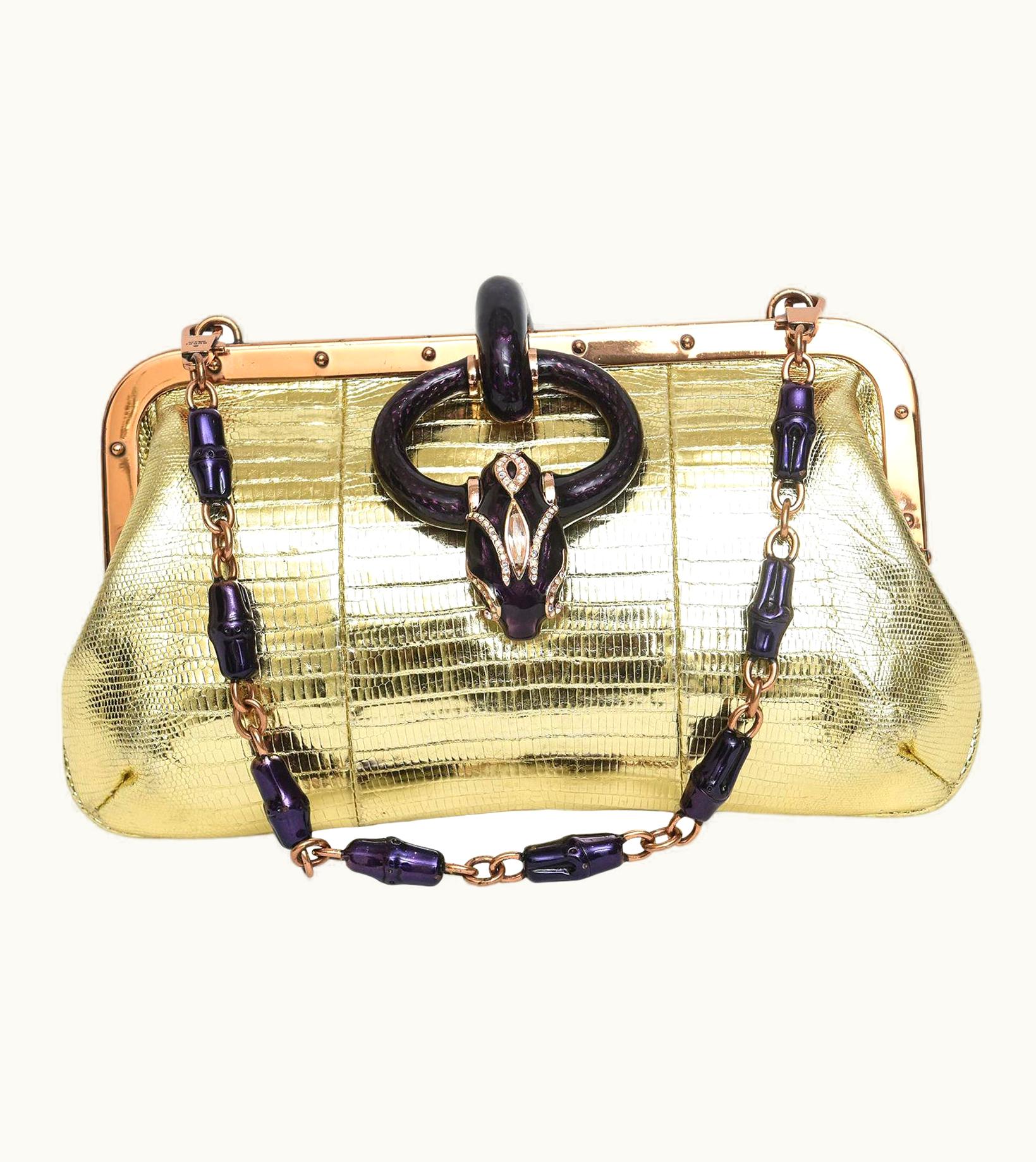 Gucci Tom Ford For Gucci Gold Lizard Leather With Rose Gold And Amethyst Serpent Bag