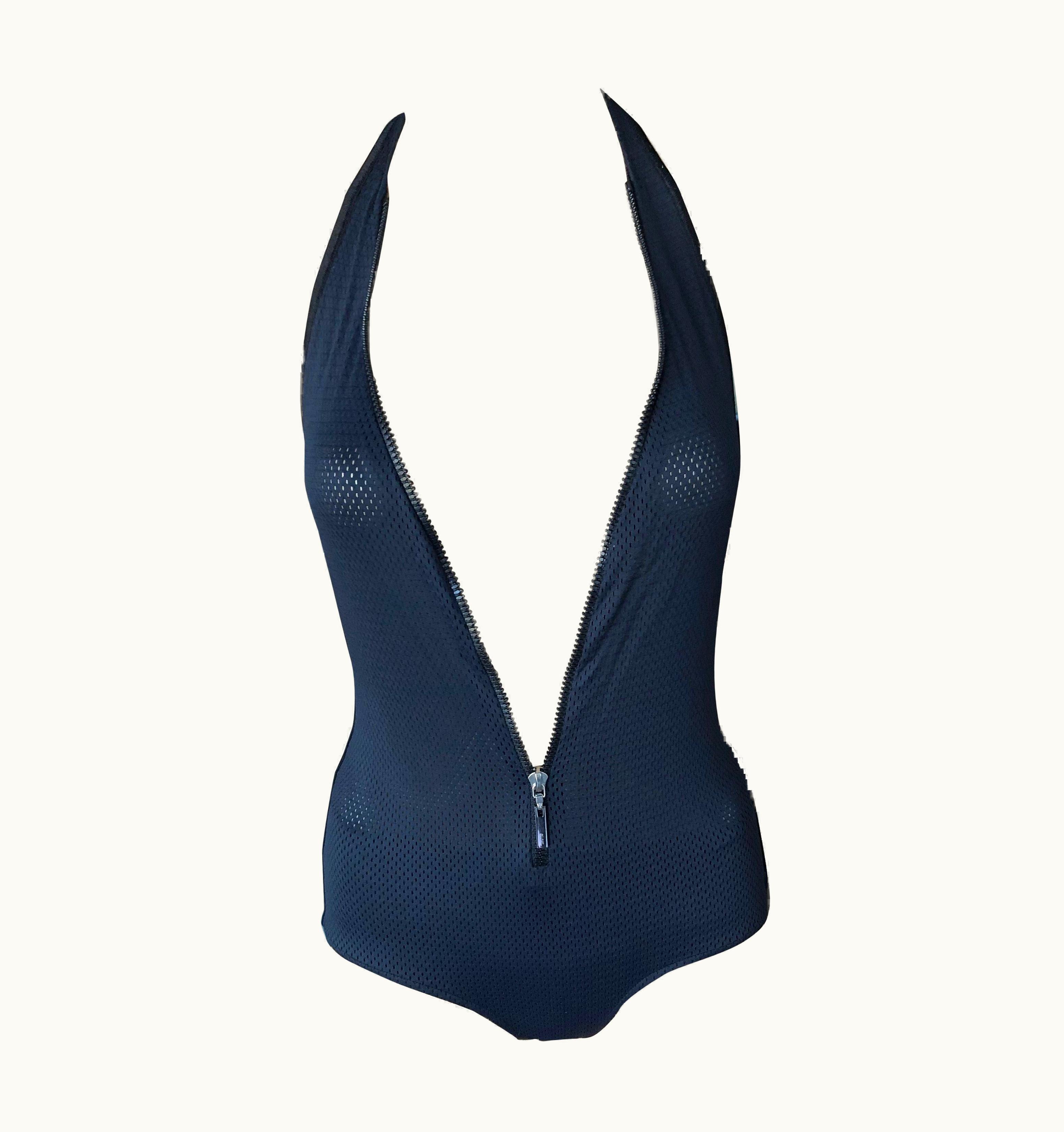 Gucci Tom Ford For Gucci S/S 2002 Unworn Mesh Zipper Plunging Neckline Black Bodysuit
