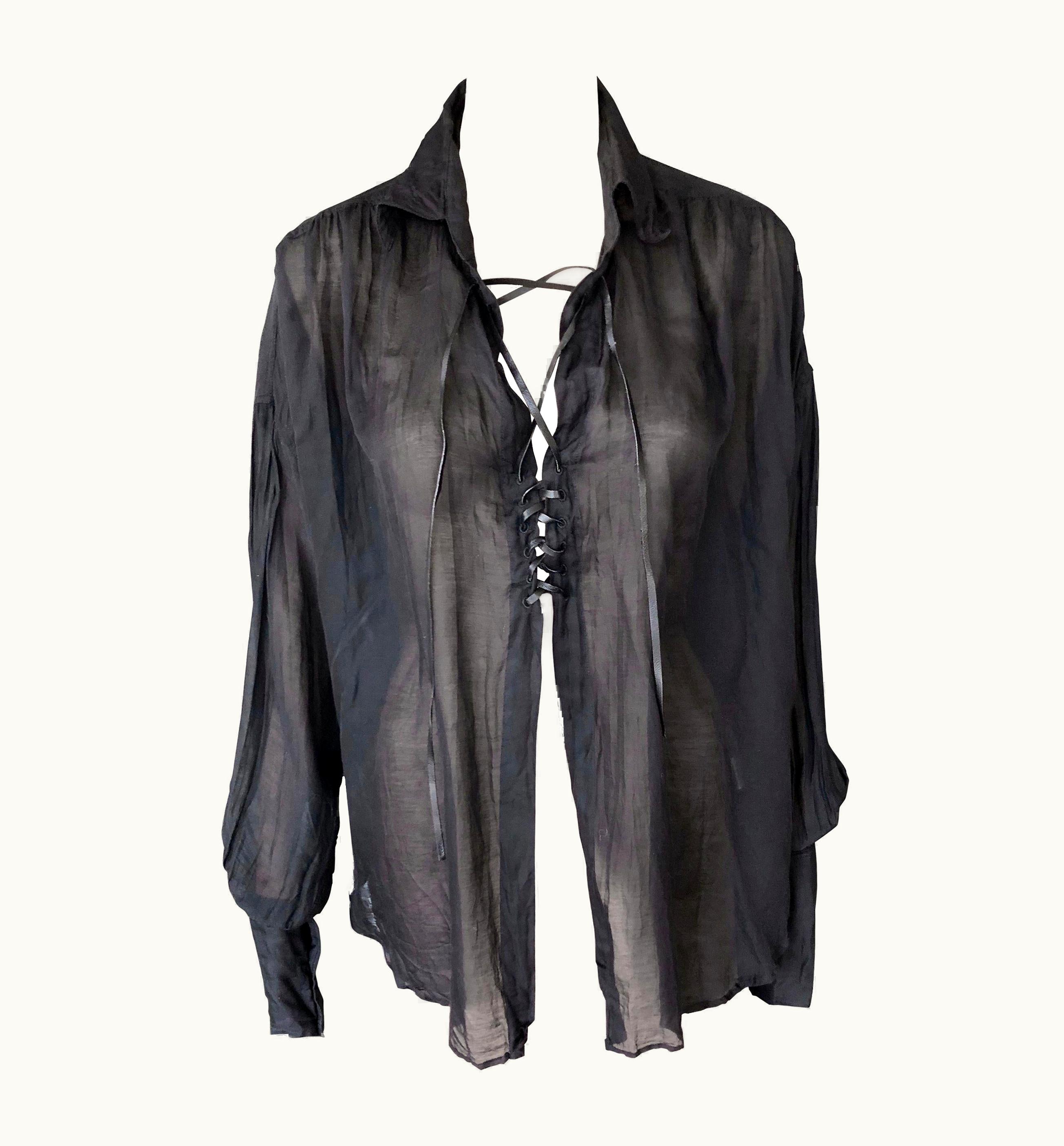 Gucci Tom Ford For Gucci AW 2002 Sheer Plunging Lace-Up Black Tunic Shirt Blouse Top