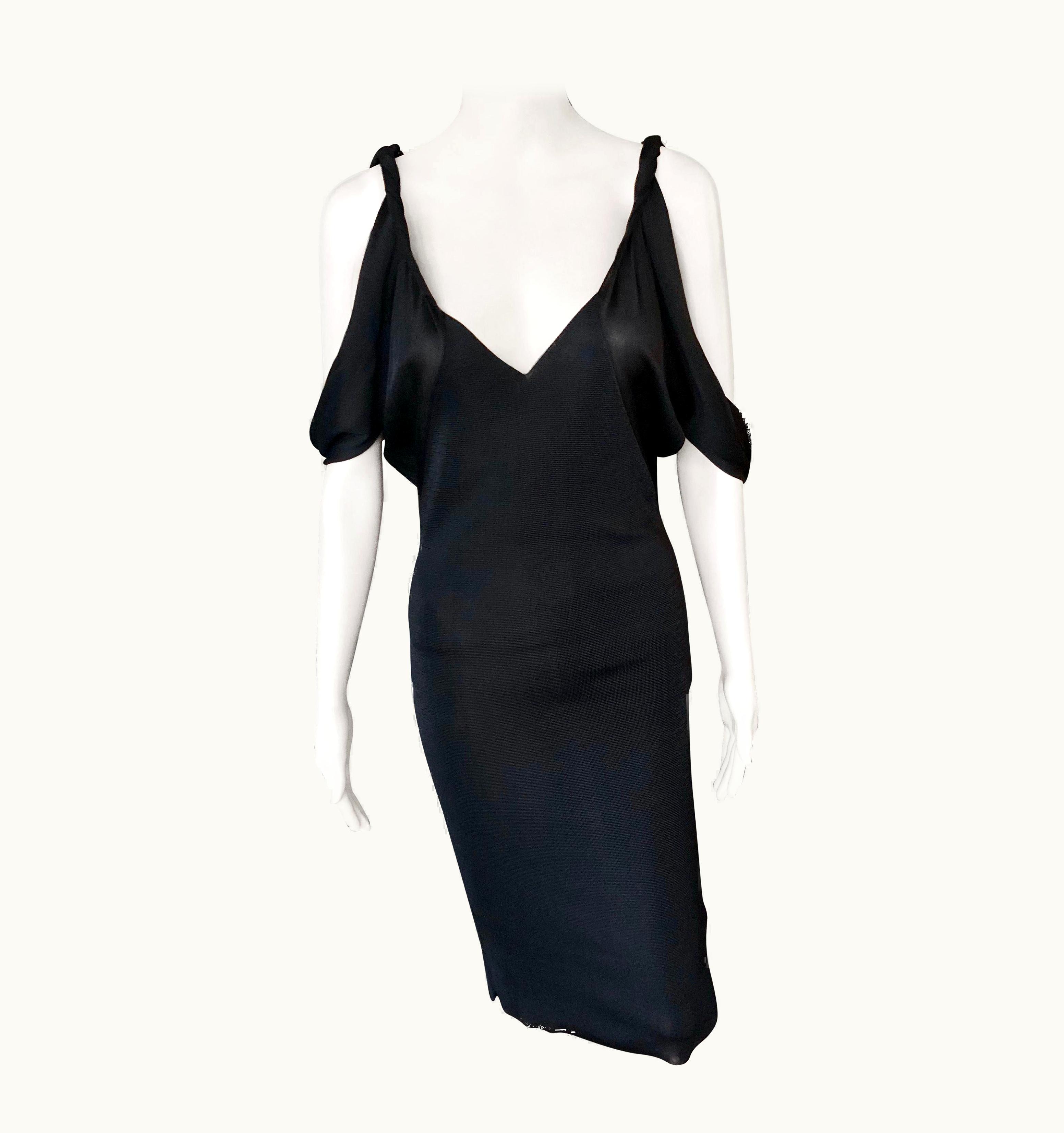 Gucci Tom Ford For Gucci AW 2002 Bodycon Cold Shoulder Knit Black Midi Dress