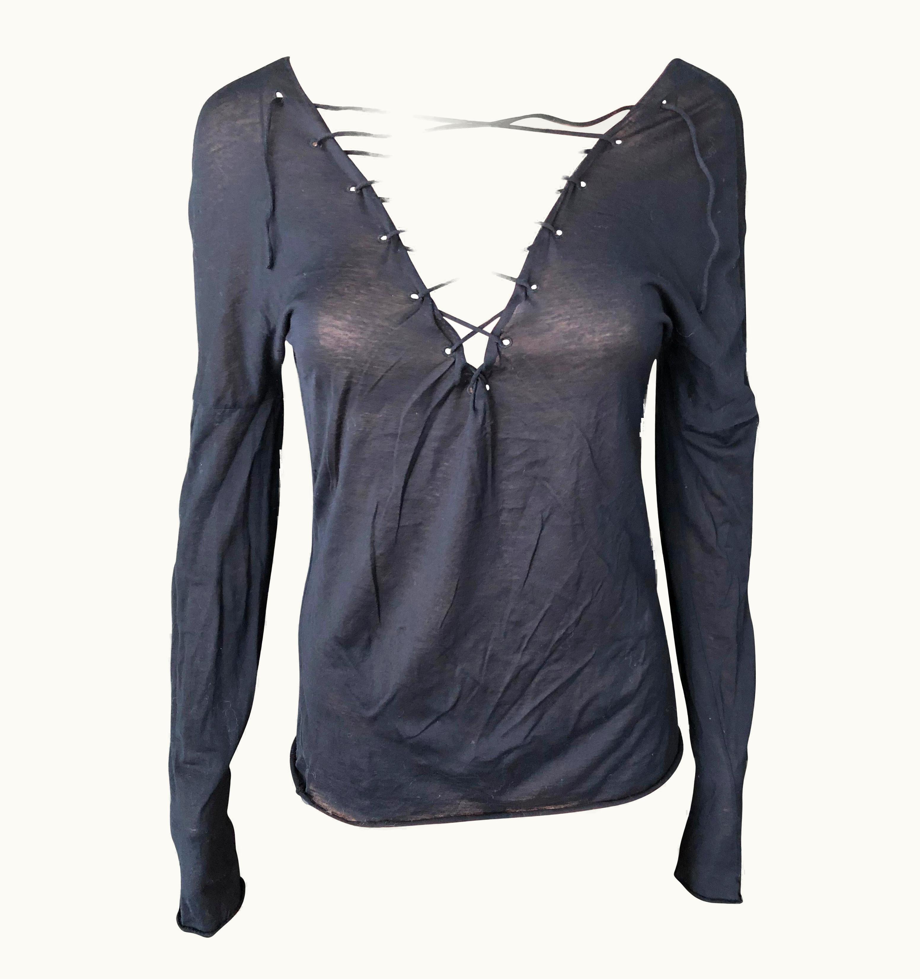 Gucci Tom Ford For Gucci Semi-Sheer Lace-Up Knit Black Sweater Top