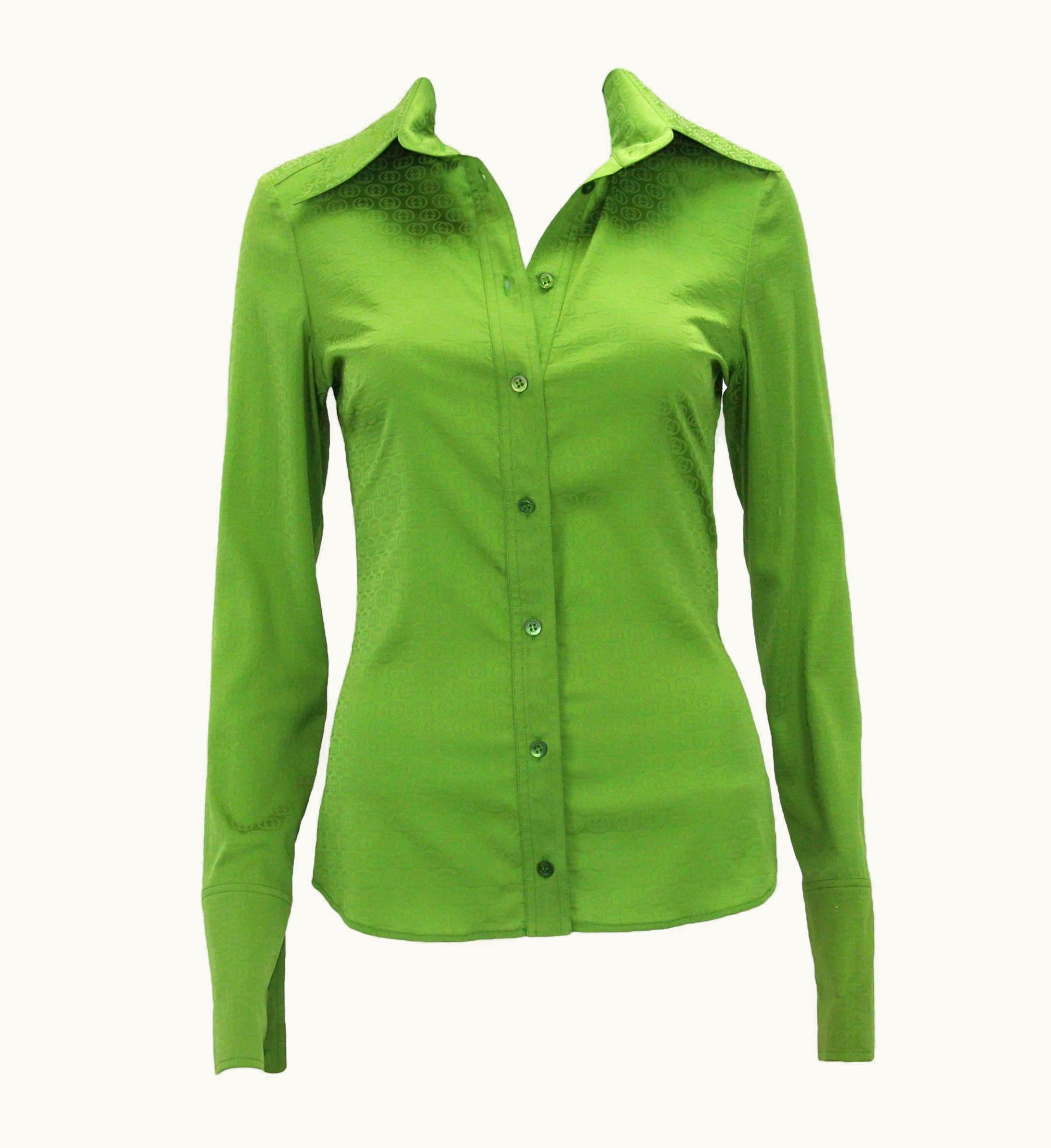 Gucci Gucci By Tom Ford S/S 2003 Green Gg Pattern Top Blouse It