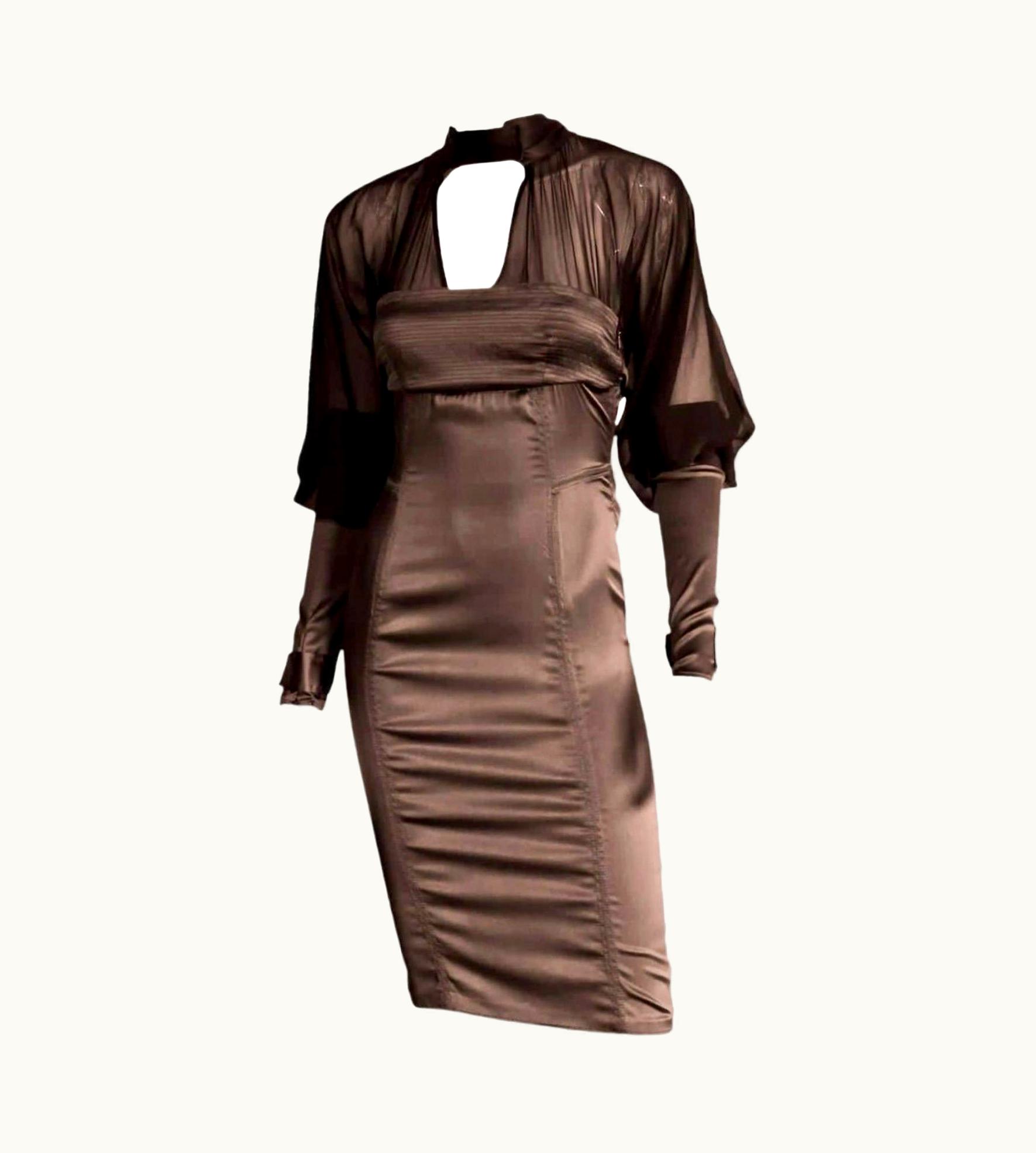 Gucci Tom Ford For Gucci AW 2003 Bodycon Sheer Silk Brown Midi Dress