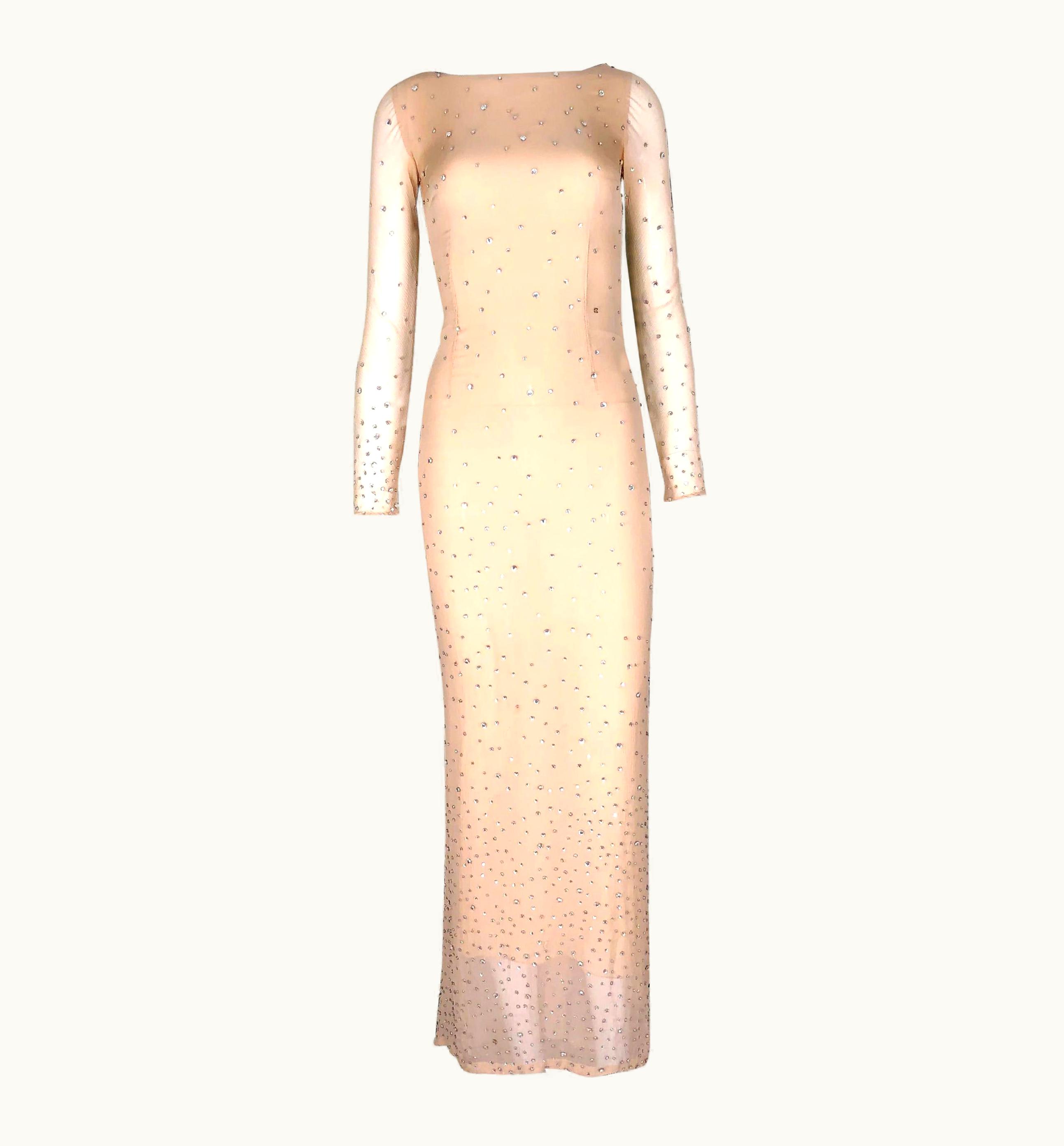Gucci Glamorous Gucci By Tom Ford 2000 Nude Silk Swarovski Crystals Beaded Gown Dress