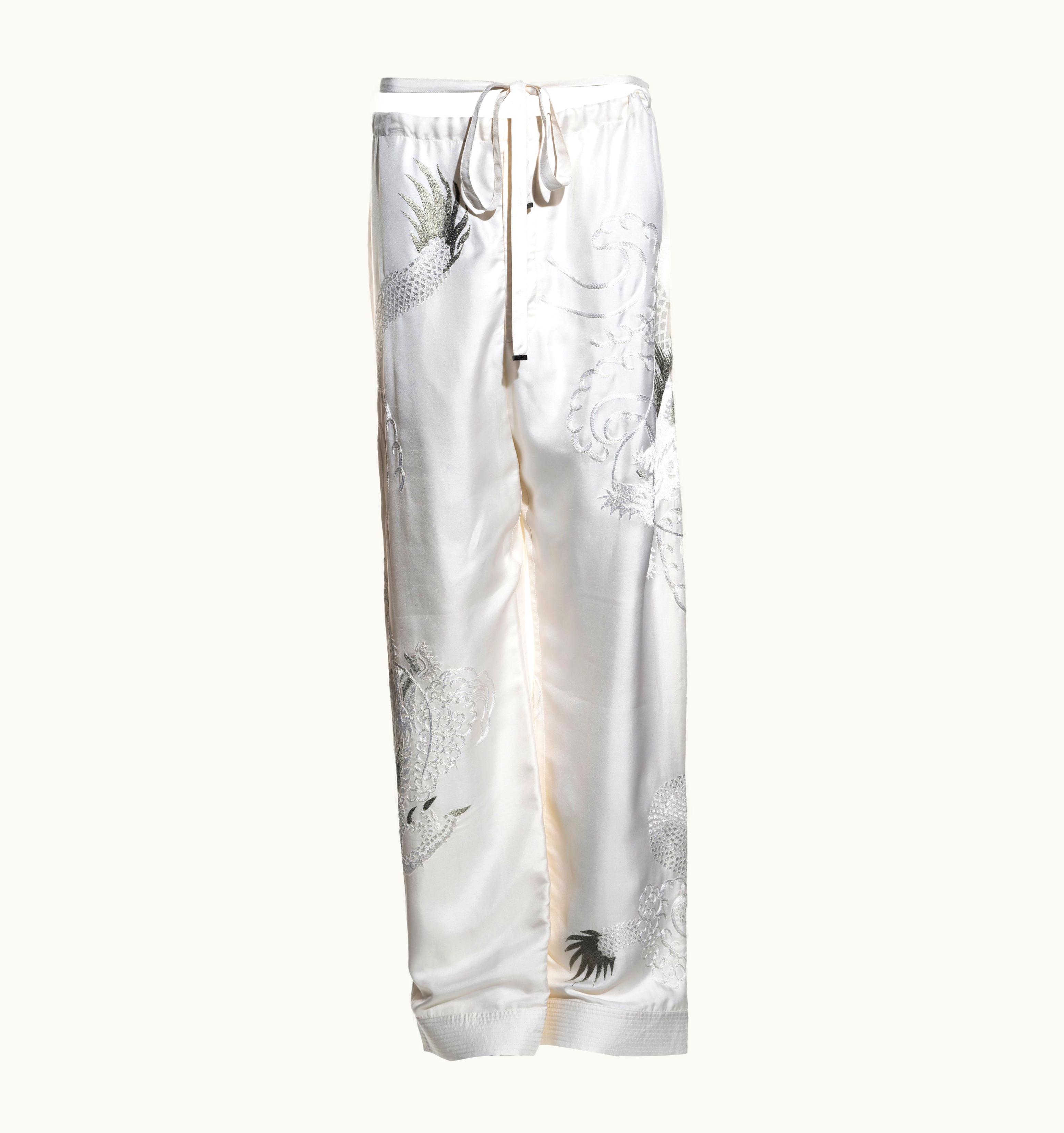 Gucci Gucci By Tom Ford White Silk Drawstring Pants With Embroidery, S/S 2001