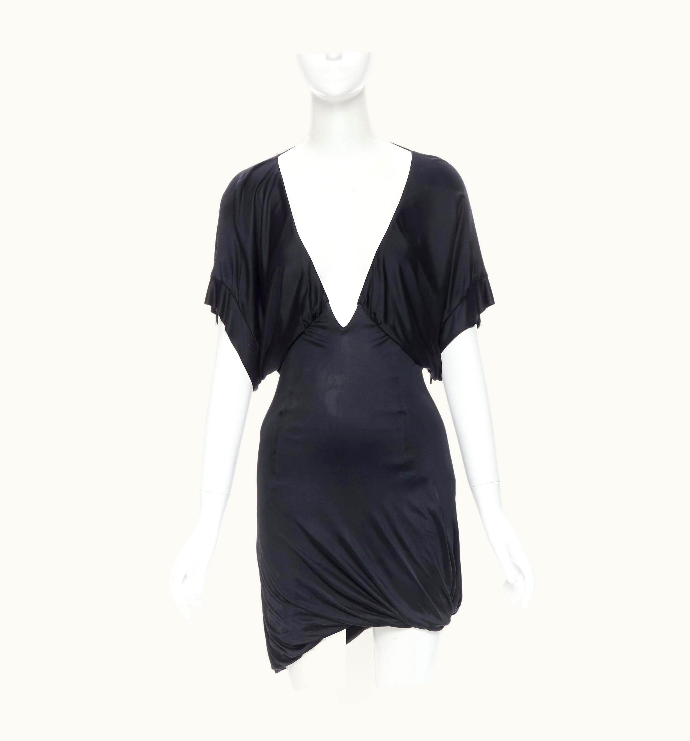 Gucci Vintage Gucci Tom Ford 2002 Black Rayon Plunge Neck Kimono Mini Dress