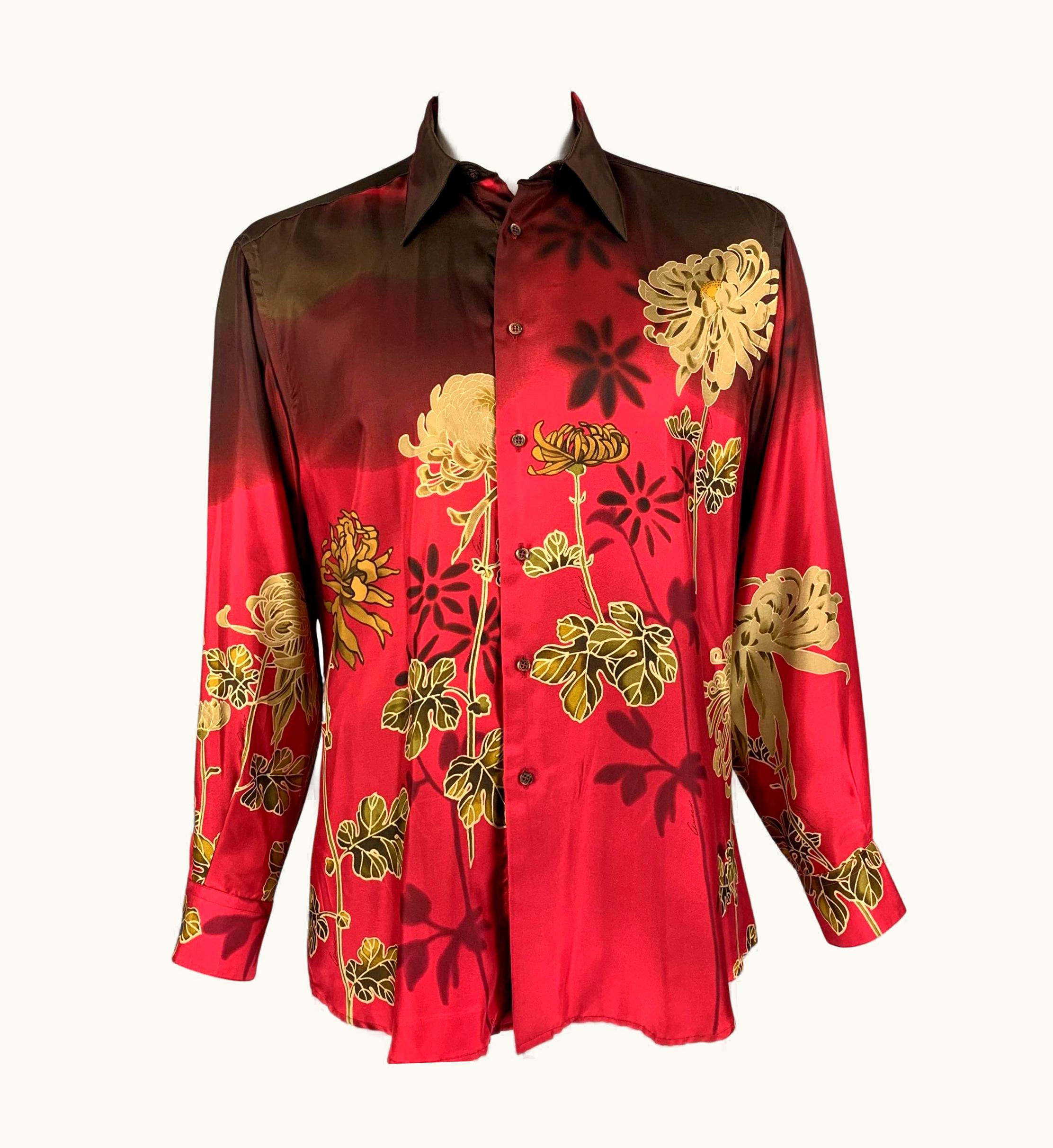 Gucci Vintage Gucci By Tom Ford 2003 Red Floral Silk Long Sleeve Shirt UZ0574884