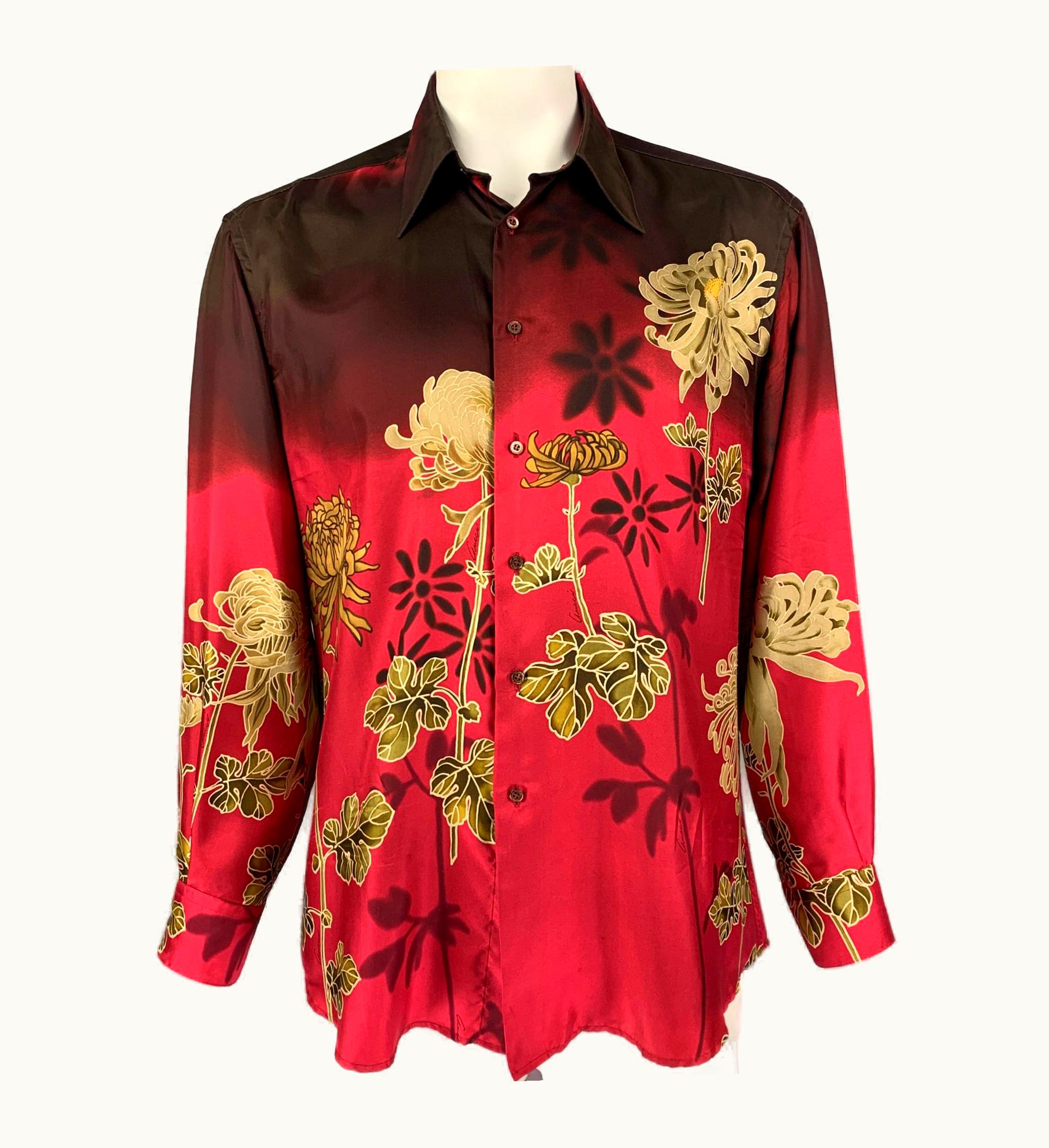 Gucci Vintage Gucci By Tom Ford 2003 Red Floral Silk Long Sleeve Shirt UZ0574887