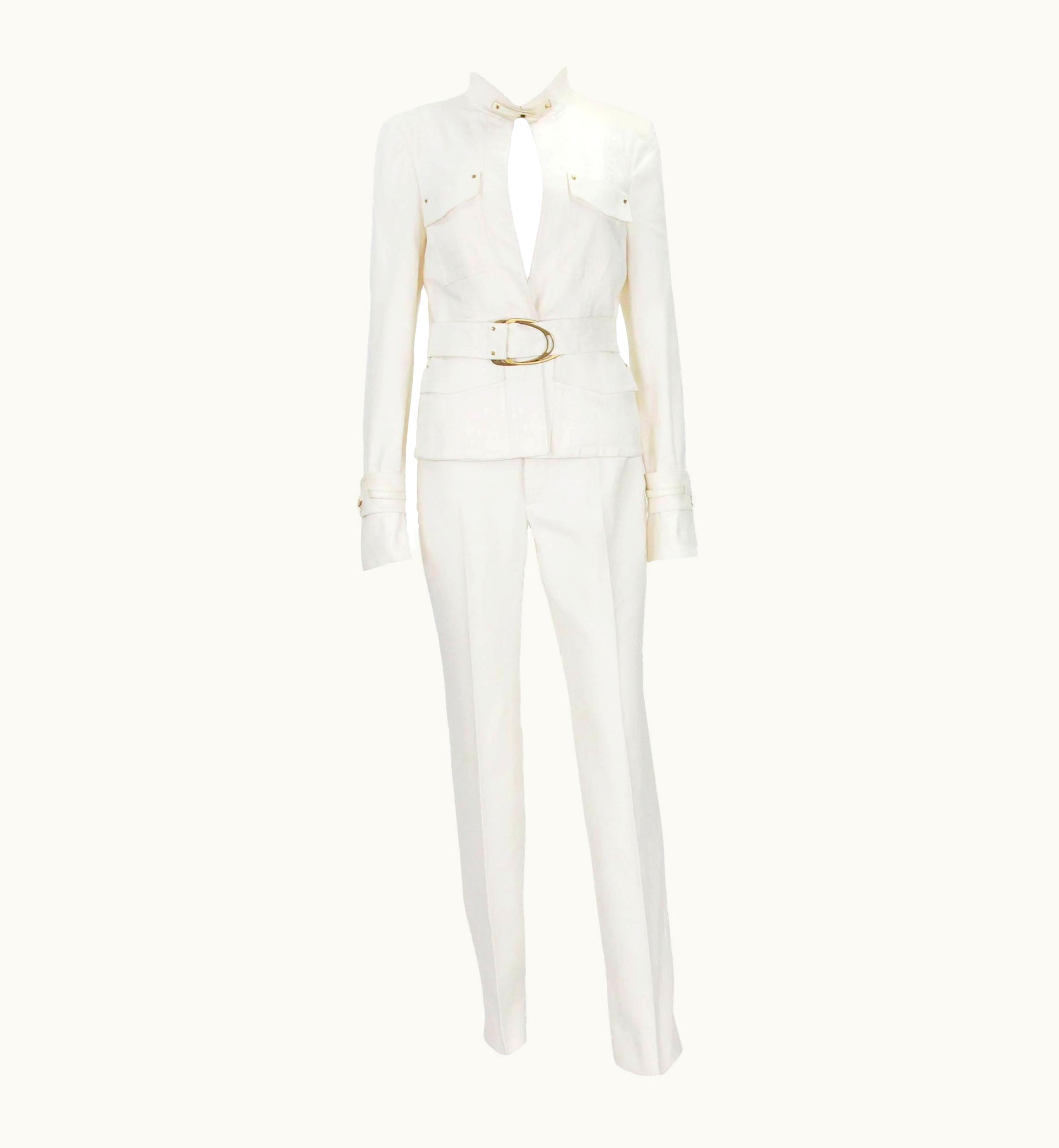 Gucci Tom Ford For Gucci 2003 Collection Safari White Cotton Belted Pant Suit