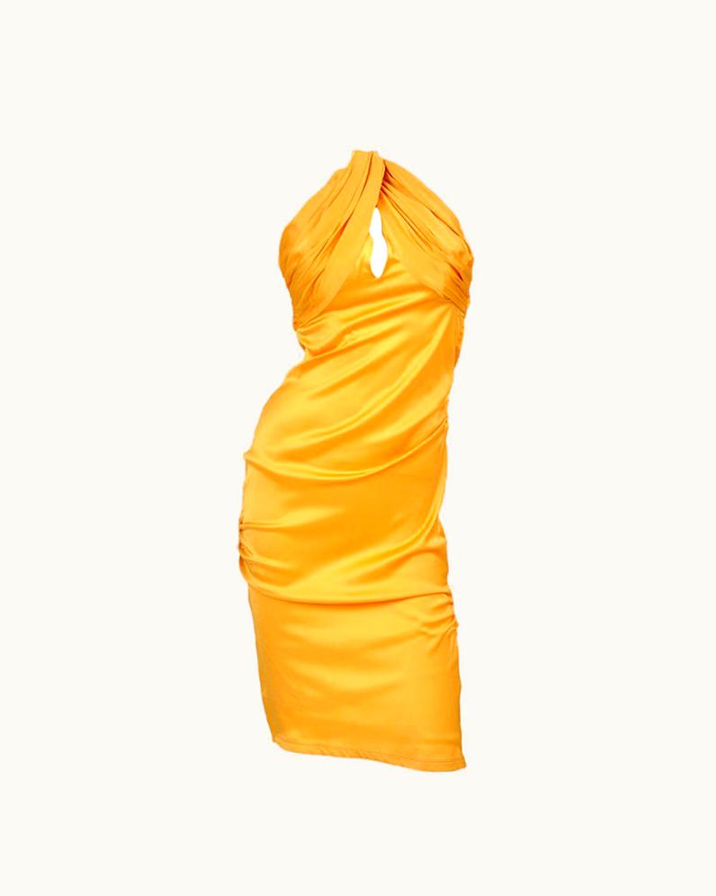 Gucci 2004 Vintage Tom Ford For Gucci Gold Silk Dress With Leather