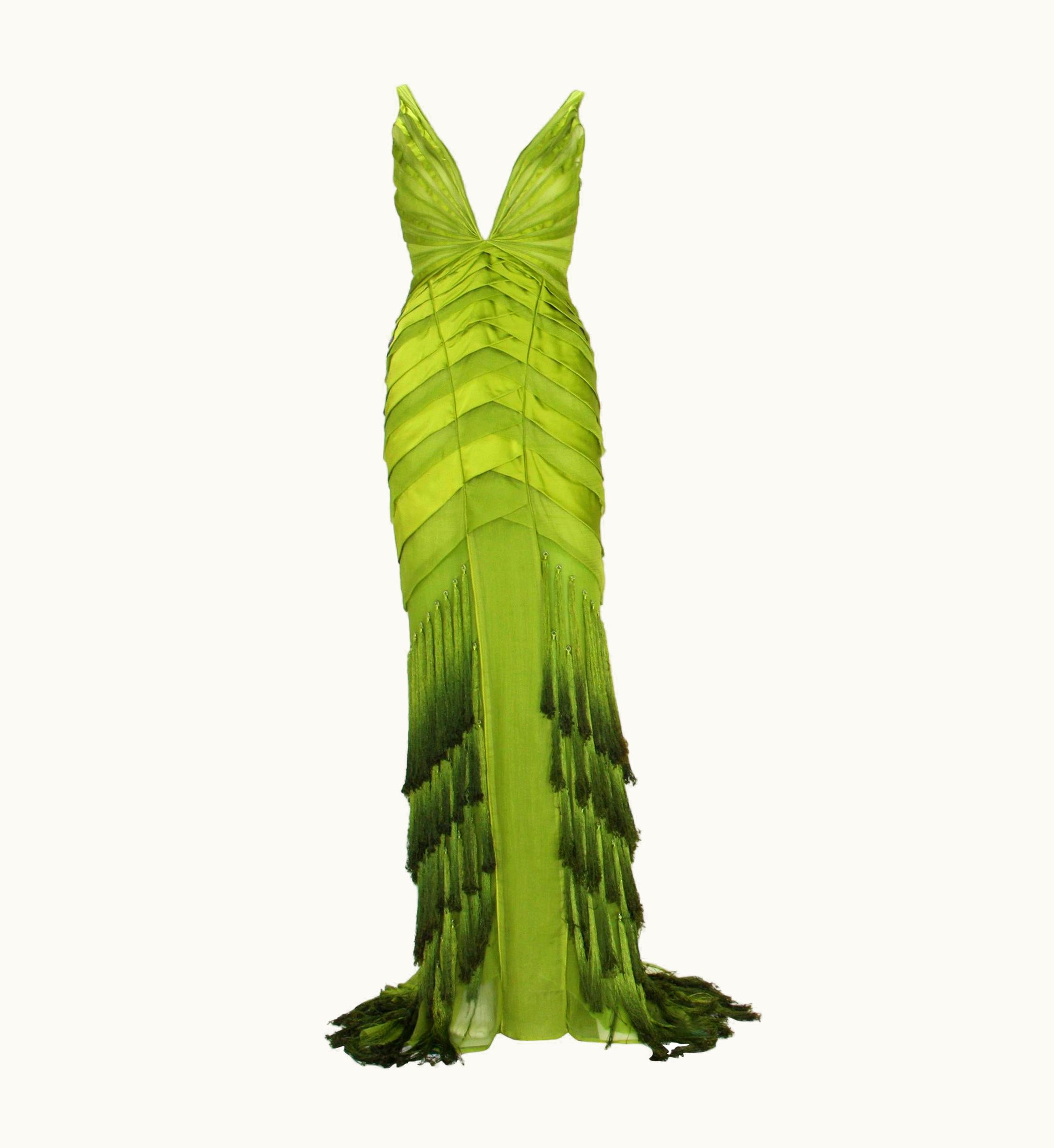 Gucci Tom Ford For Gucci 2004 AW Collection Silk Green Tassel Dress Gown
