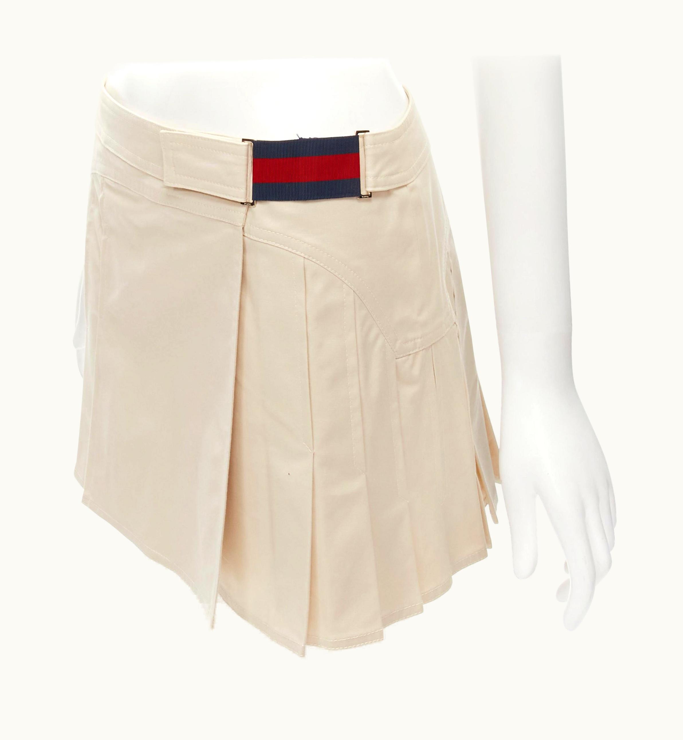 Gucci Gucci 2005 Vintage Y2k Signature Web Trim Beige Pleated Wrap Skirt