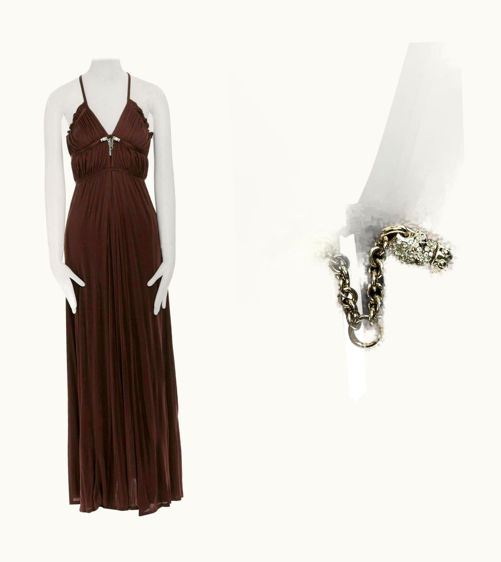 Gucci Gucci 2006 Crystal Embellished Bamboo Plunge Neck Shirred Pleated Gown