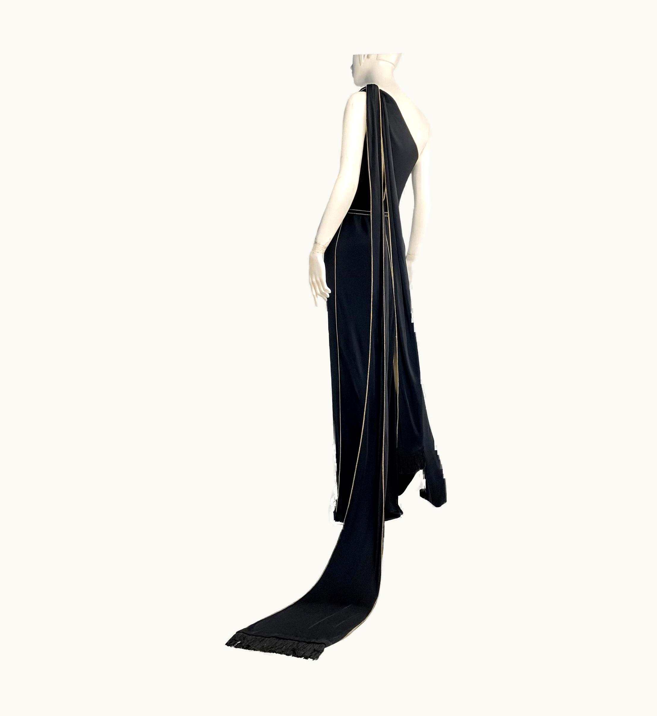 Gucci Gucci 2006 One-Shoulder Gown With Fringed Scarves/Train, Cutouts, Gold Topstitch