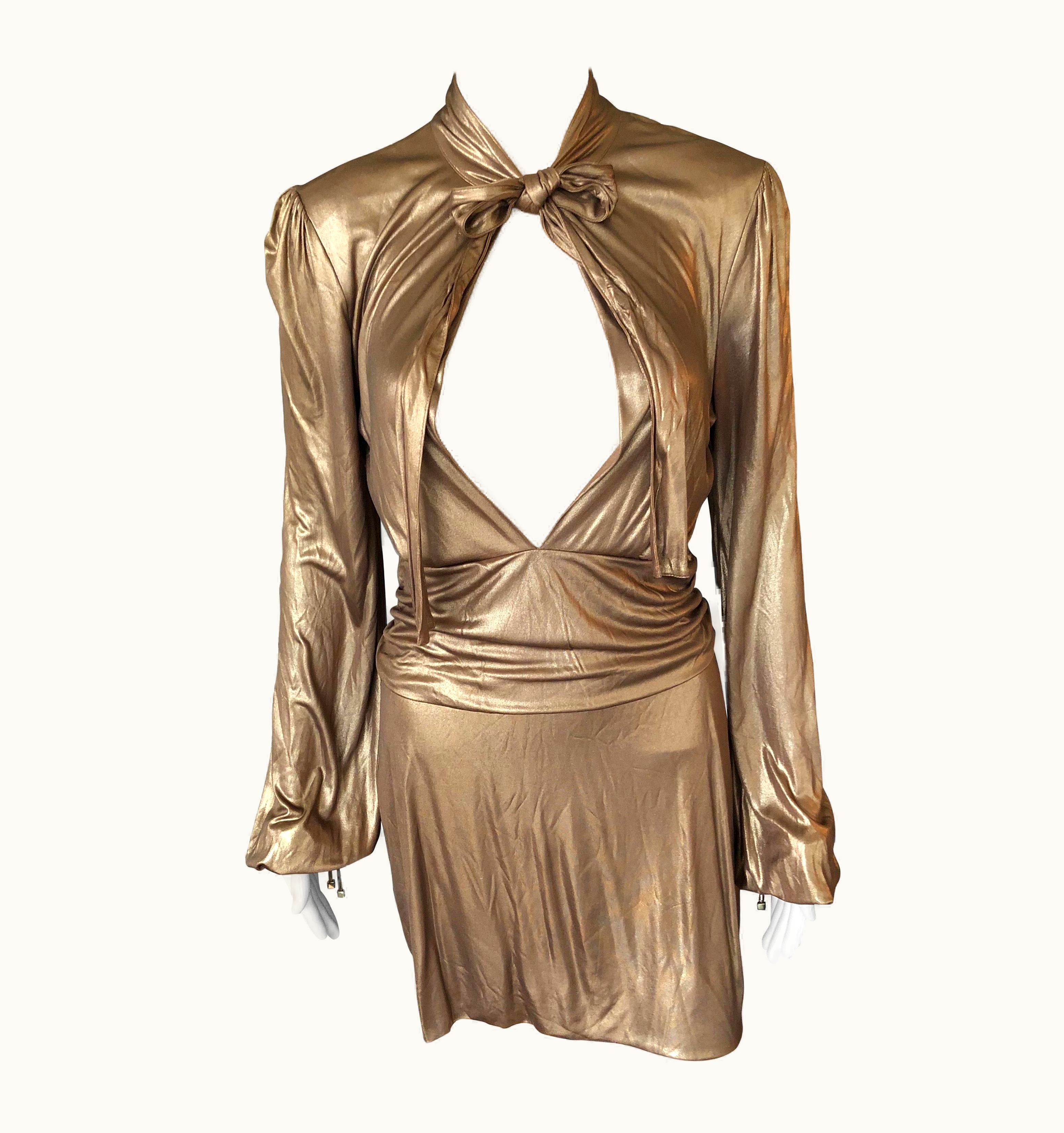 Gucci Gucci AW 2006 Runway Plunging Neckline Gold Metallic Mini Dress UZ0574982
