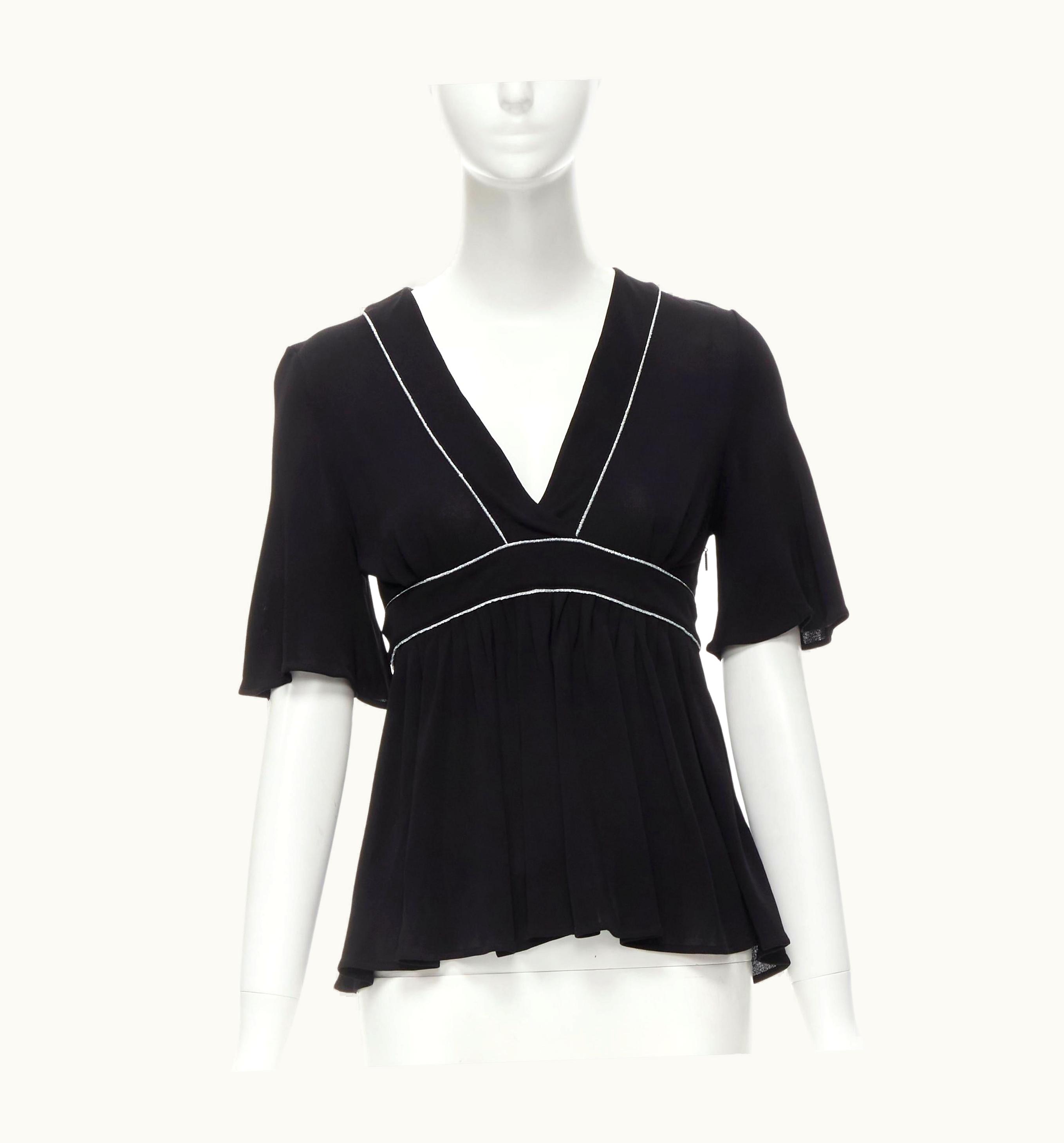 Gucci Gucci Silver Piping V-neck Flutter Sleeve Flared Hem Top