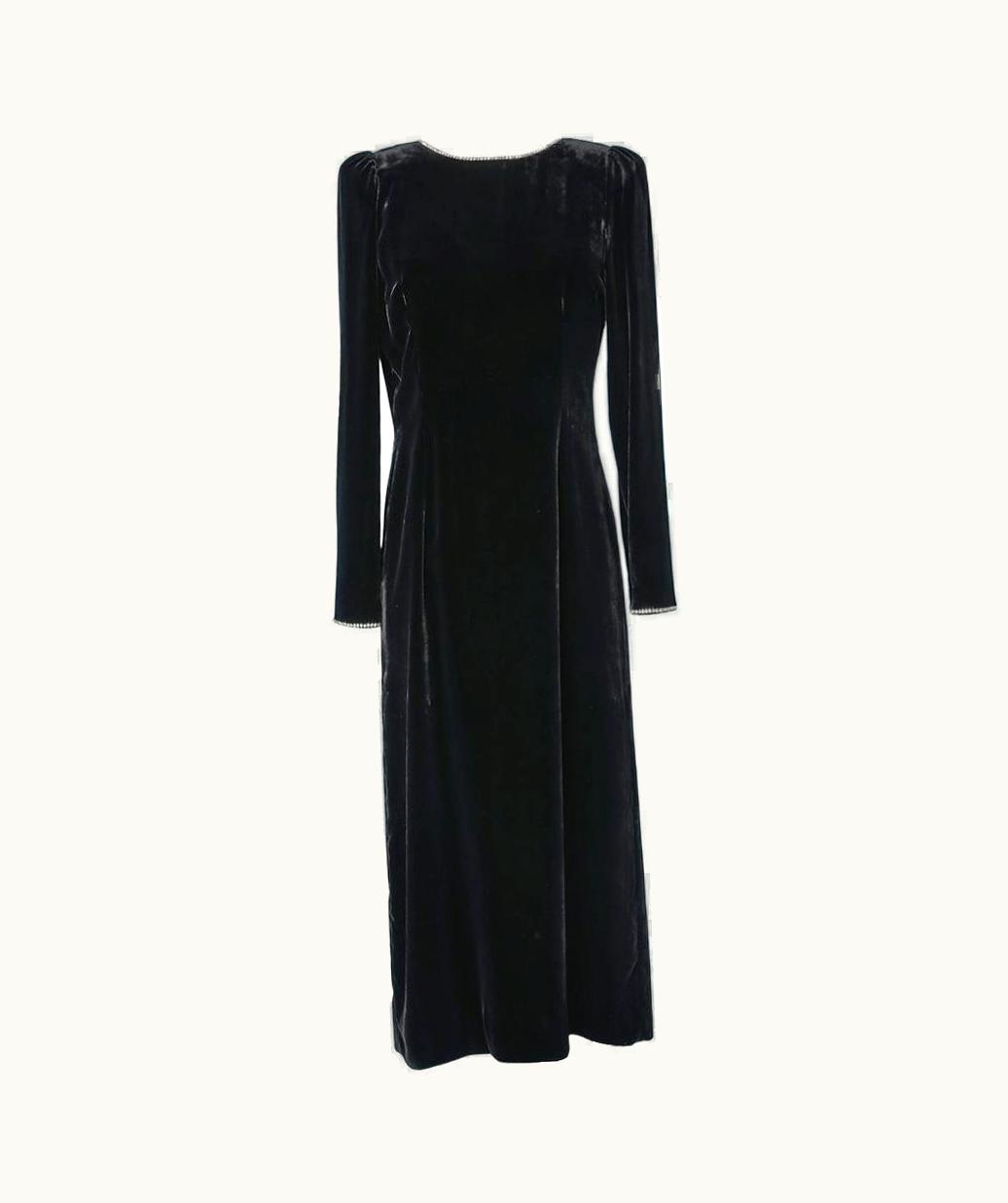 Gucci Black Velvet Cocktail Dress With Rhinestone Trim On Neckline And Cuffs Gucci
