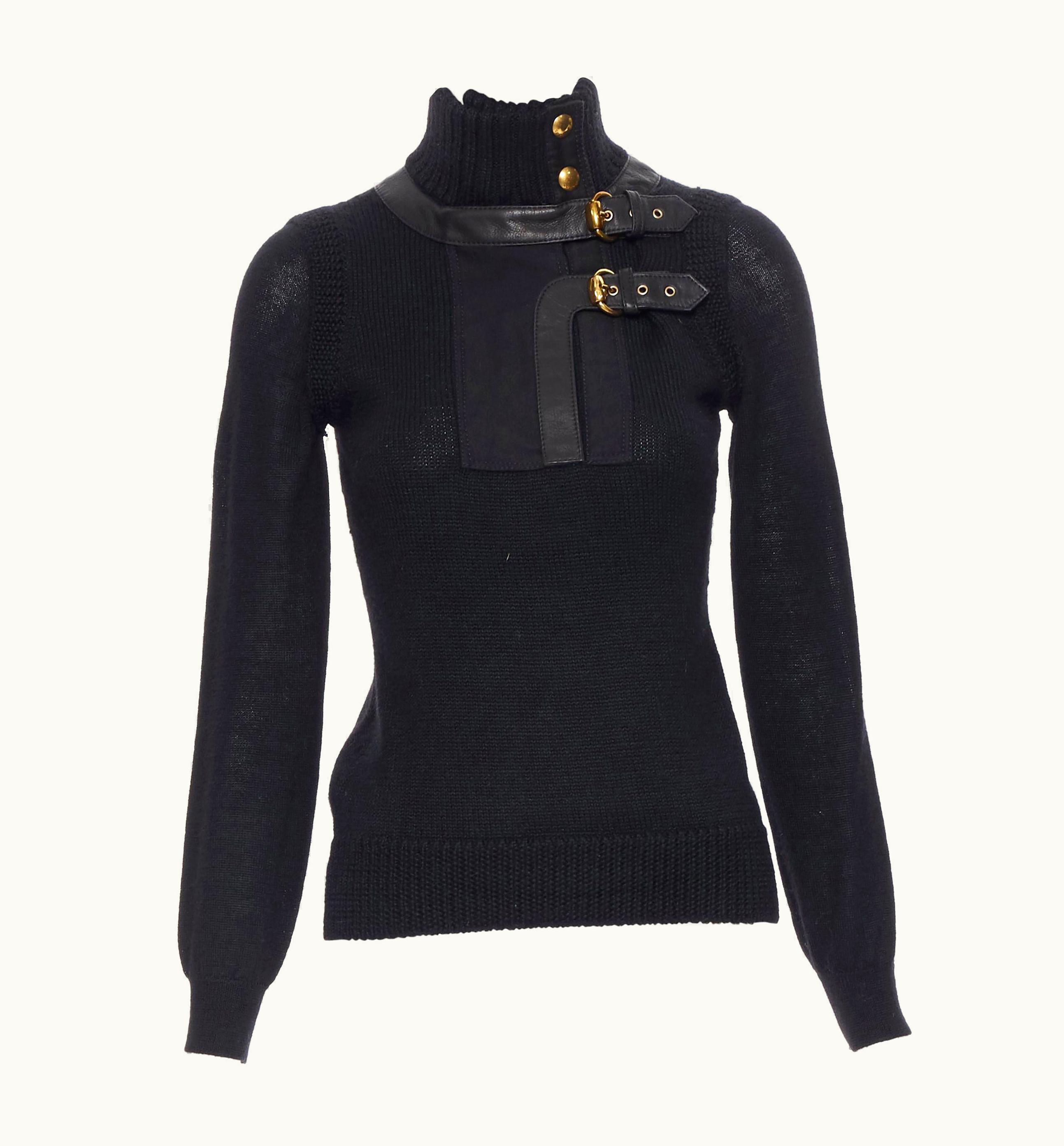 Gucci Gucci 2008 Black Alpaca Wool Leather Trimmed Gold Buckle Turtleneck Sweater