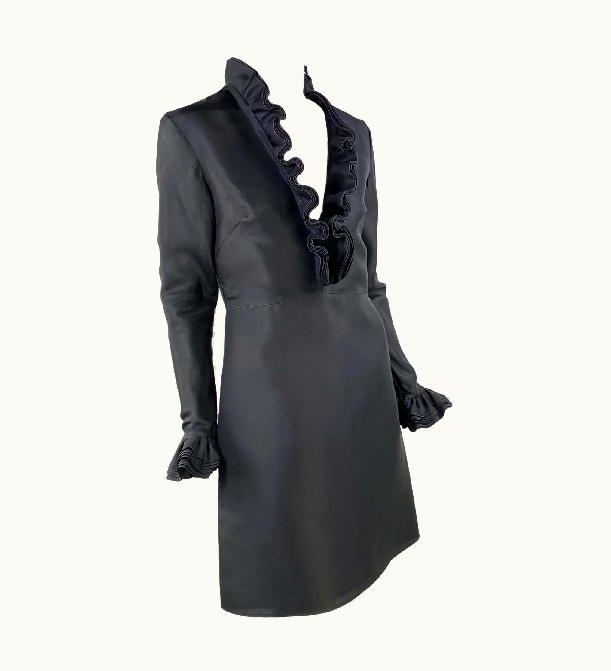 Gucci AW 2000 Gucci By Tom Ford Black Silk Ruffle Plunging Dress
