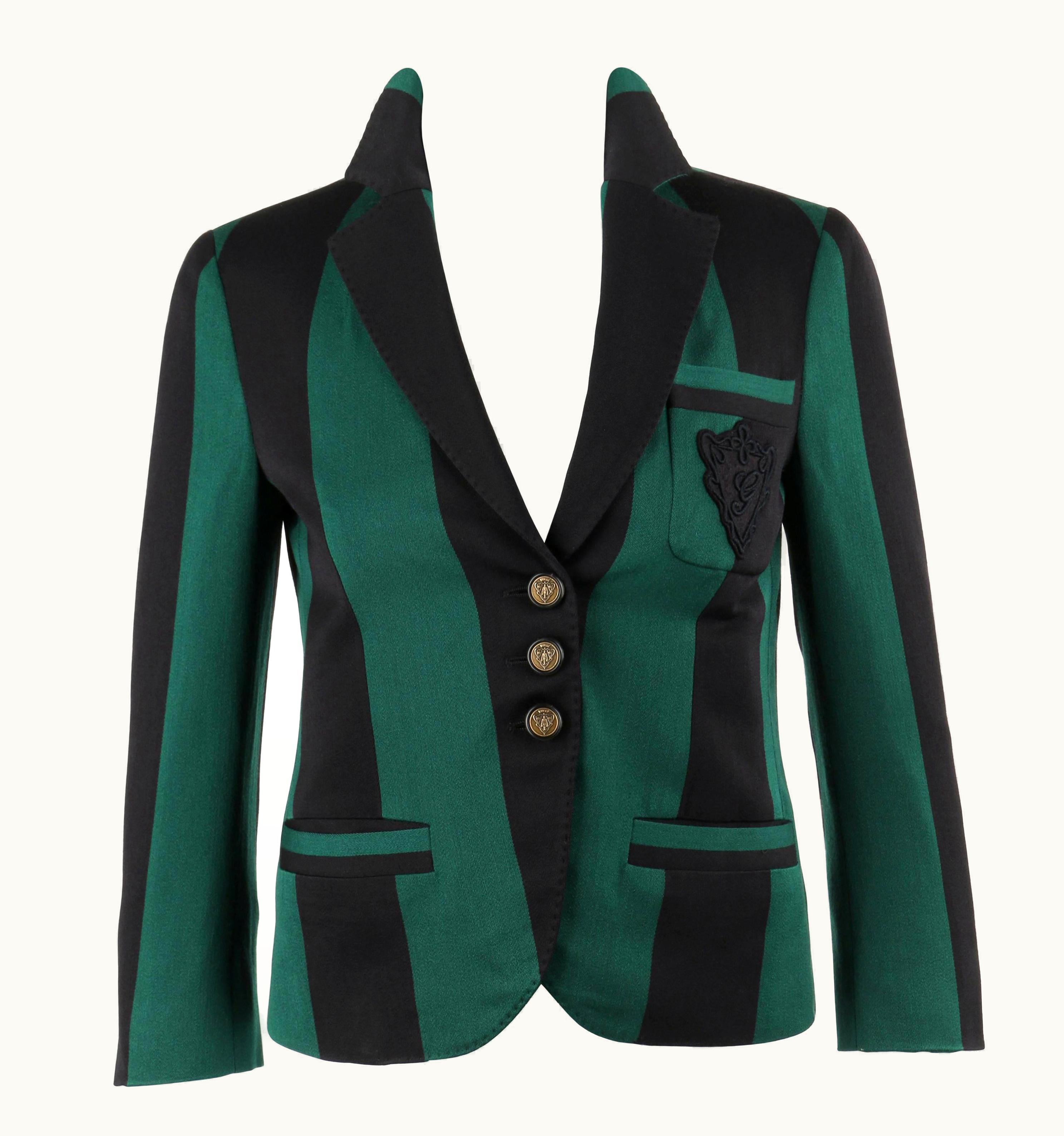 Gucci Gucci S/S 2009 Green & Black Striped Wool Prep School Blazer Jacket