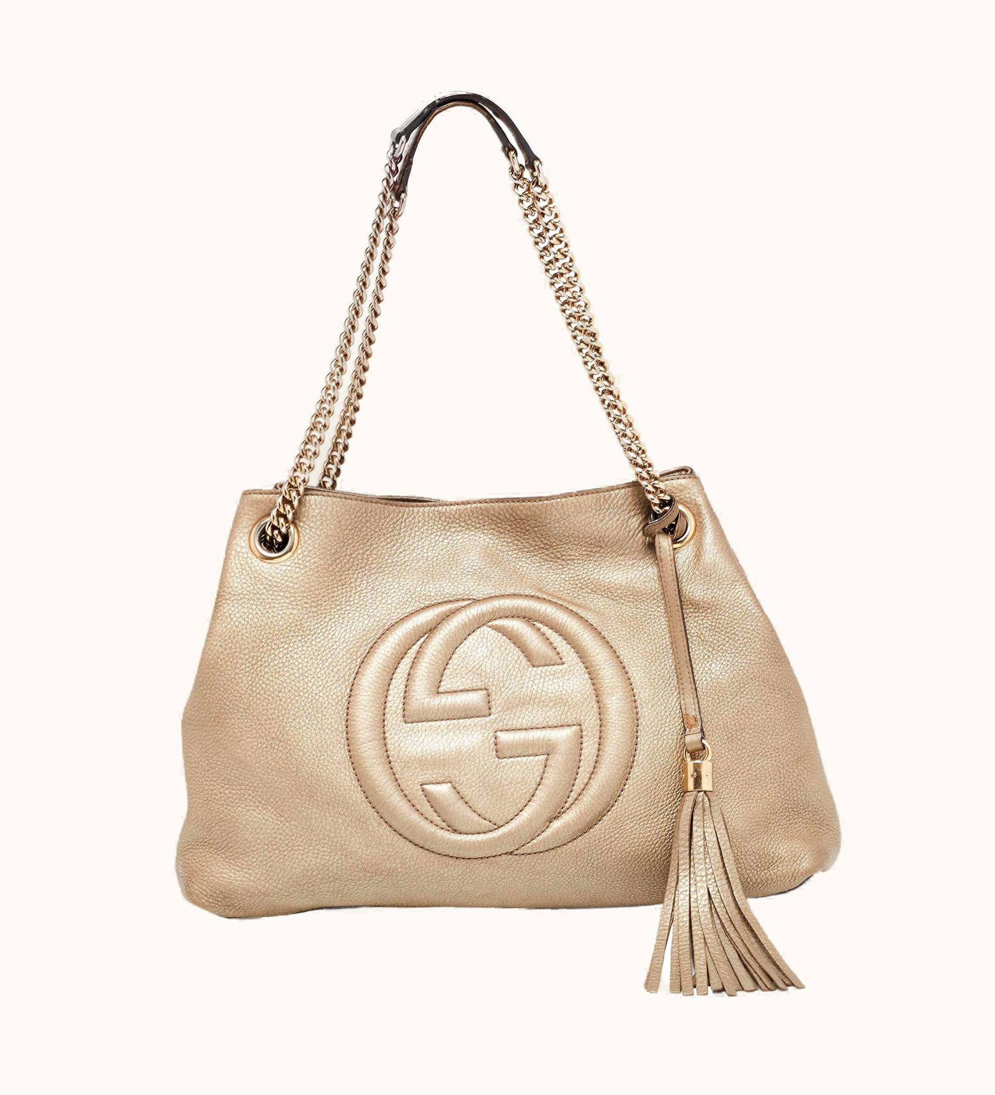 Gucci Gucci Light Gold Grained Leather Medium Soho Chain Tote