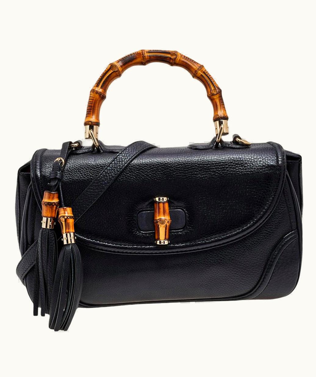 Gucci Gucci Black Leather Bamboo Tassel Top Handle Bag