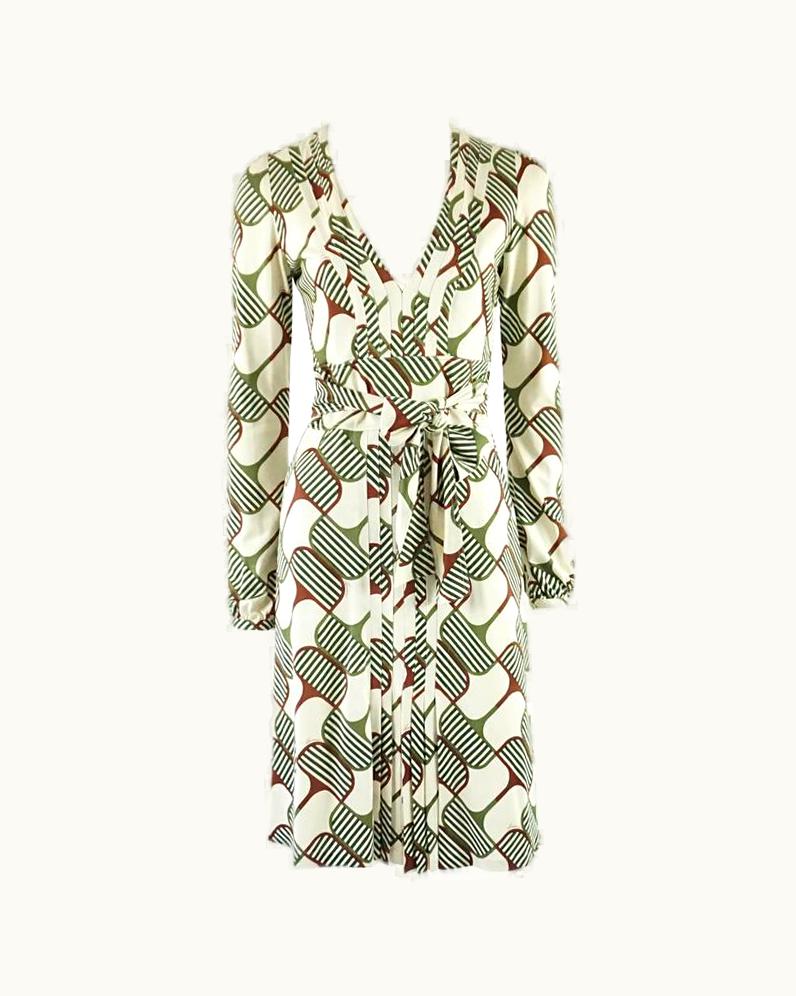 Gucci Gucci Ivory And Green Print Silk Knit Dress - Small