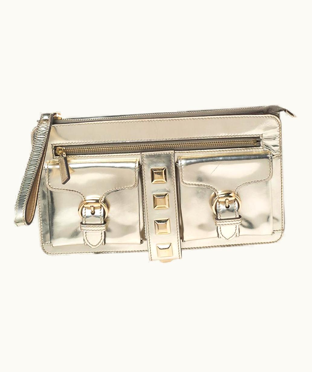 Gucci Gucci Opulent Gold Studded Metallic Laminate Leather Evening Wristlet Clutch