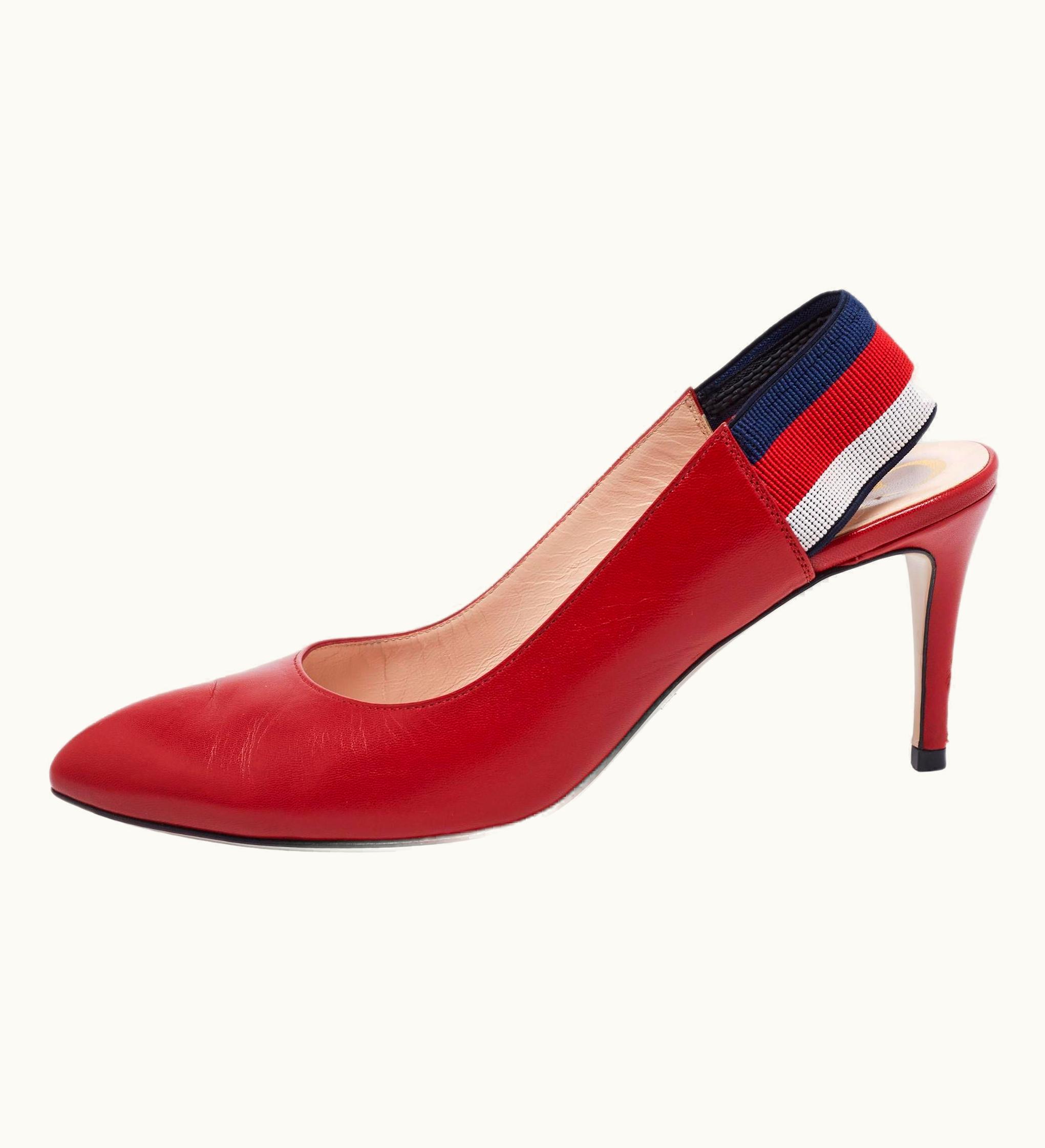 Gucci Gucci Red Leather Sylvie Web Slingback Pumps