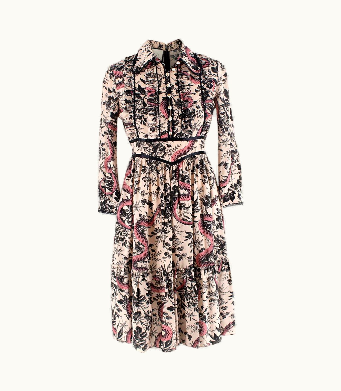 Gucci Gucci Floral Snake Print Ruffle Midi Dress - Us