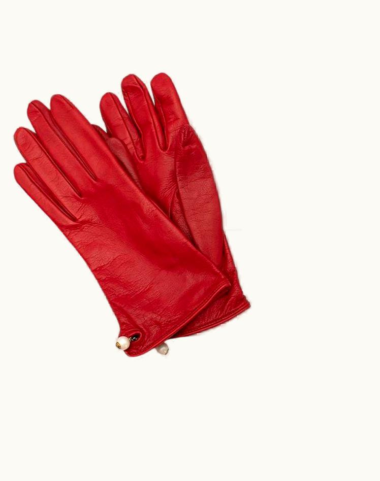 Gucci Gucci Red Lambskin Faux Pearl Detail Gloves -