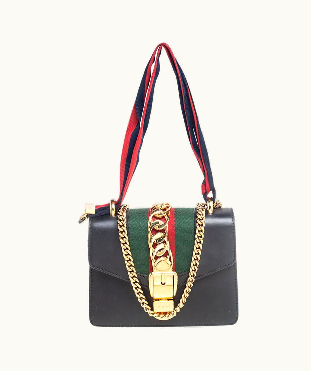 Gucci Gucci Black Leather Mini Web Sylvie Chain Crossbody Bag