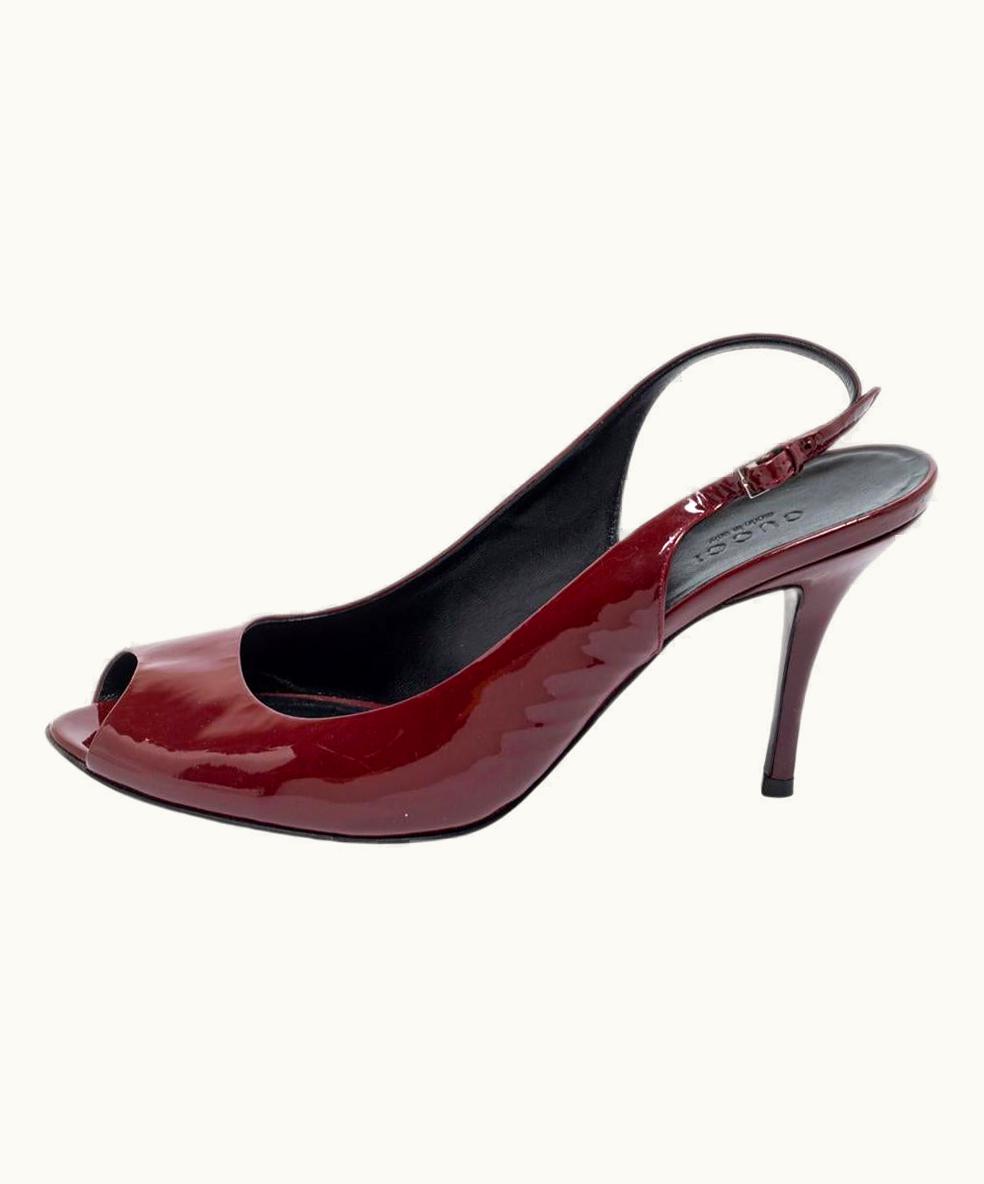 Gucci Gucci Burgundy Patent Leather Peep Toe Slingback Sandals