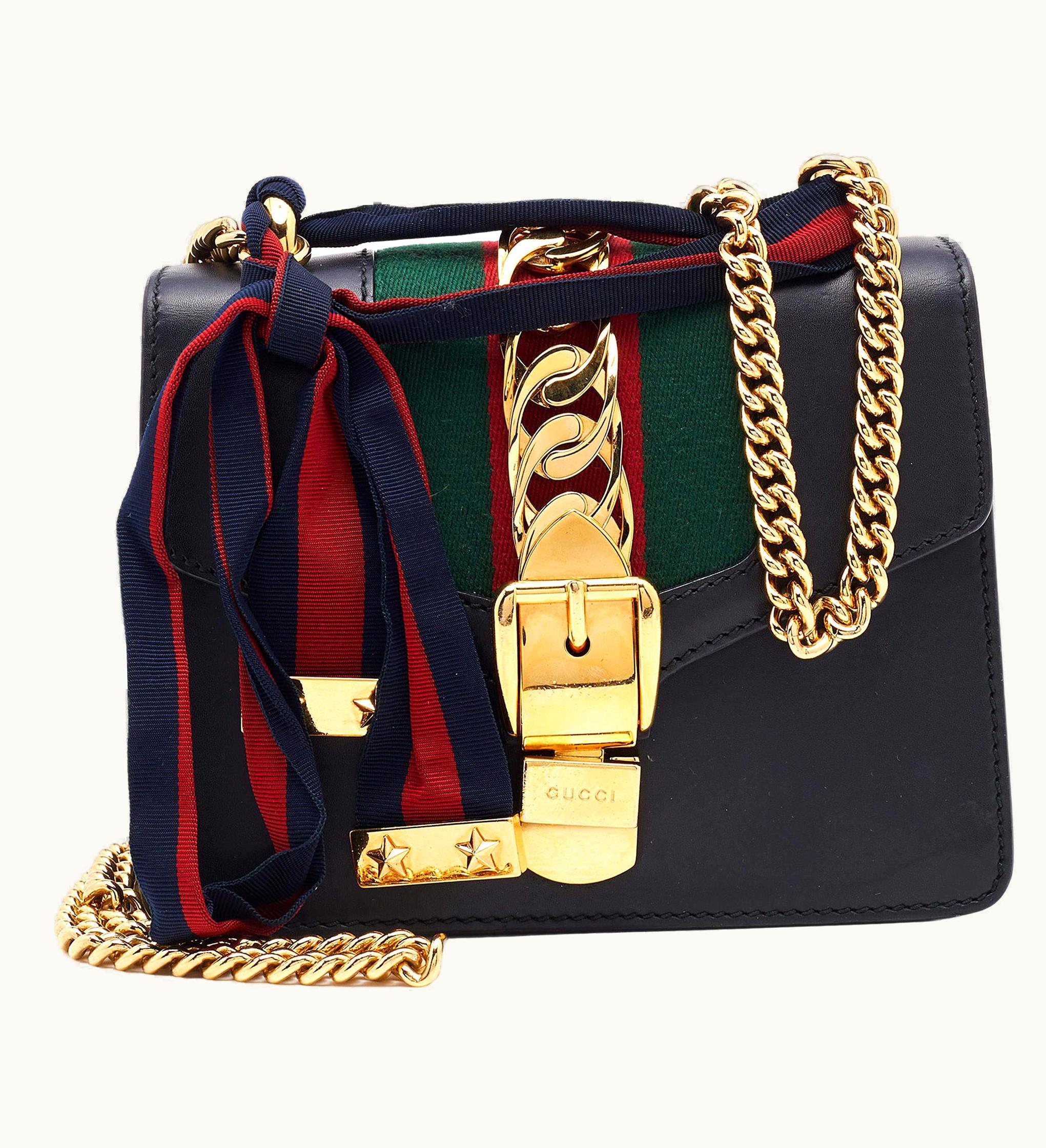 Gucci Gucci Sylvie Black Leather Mini Web Chain Crossbody Bag