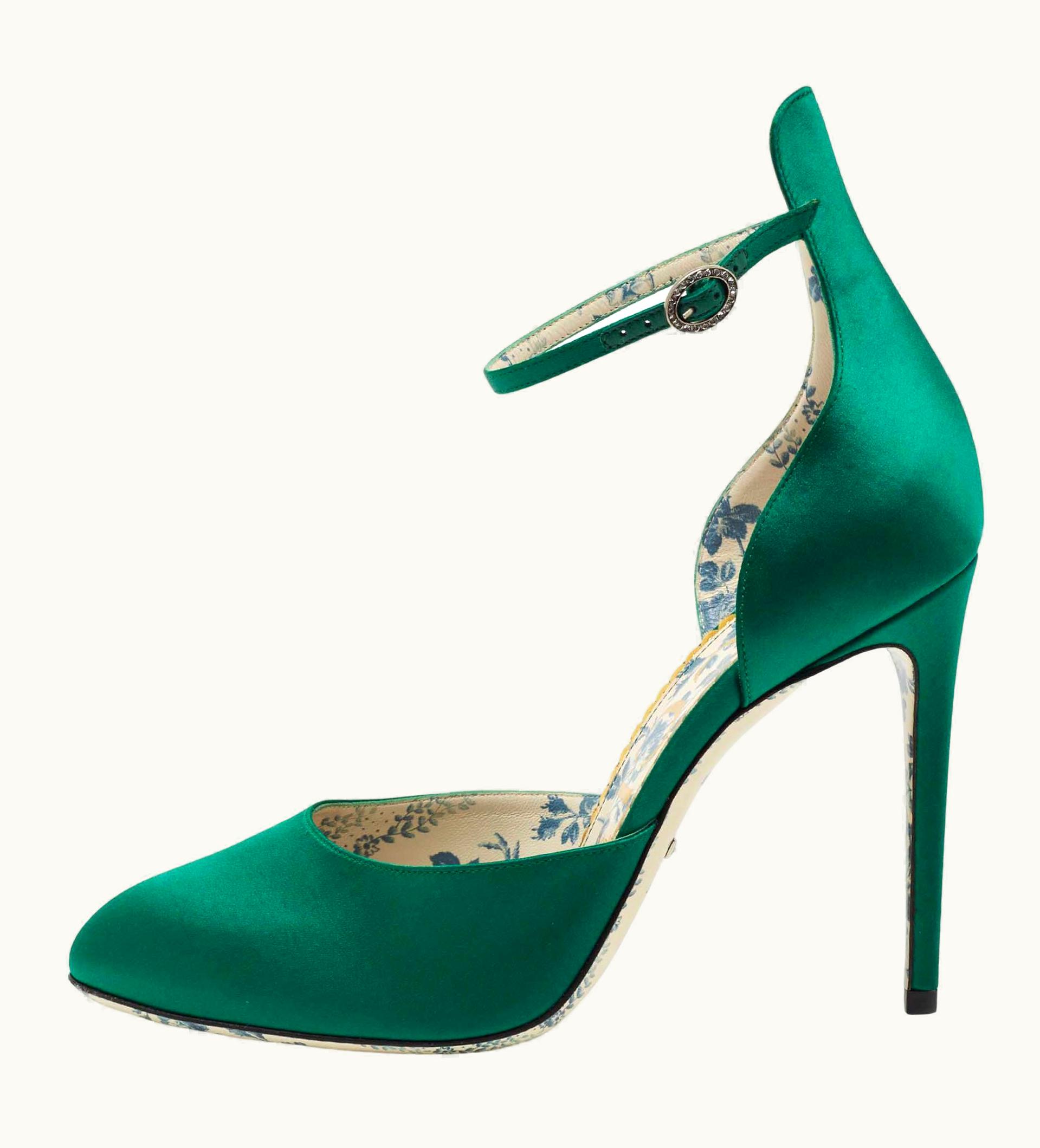 Gucci Gucci Green Satin Round Toe Ankle Strap Pumps