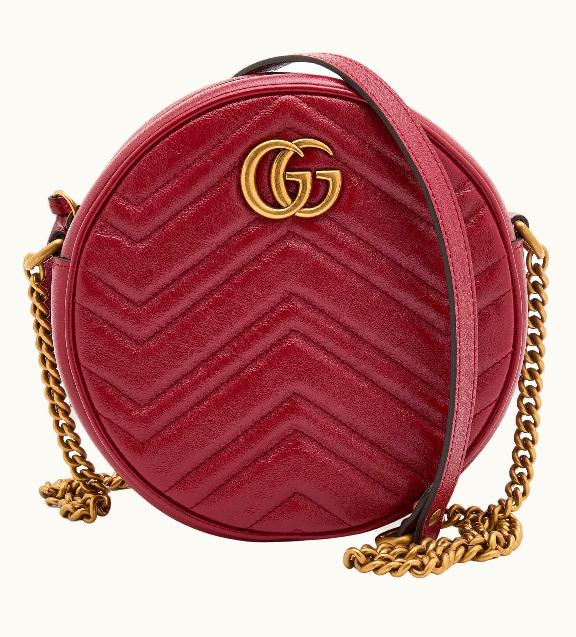 Gucci Gucci Red Matelassé Leather Mini Gg Marmont Round Shoulder Bag