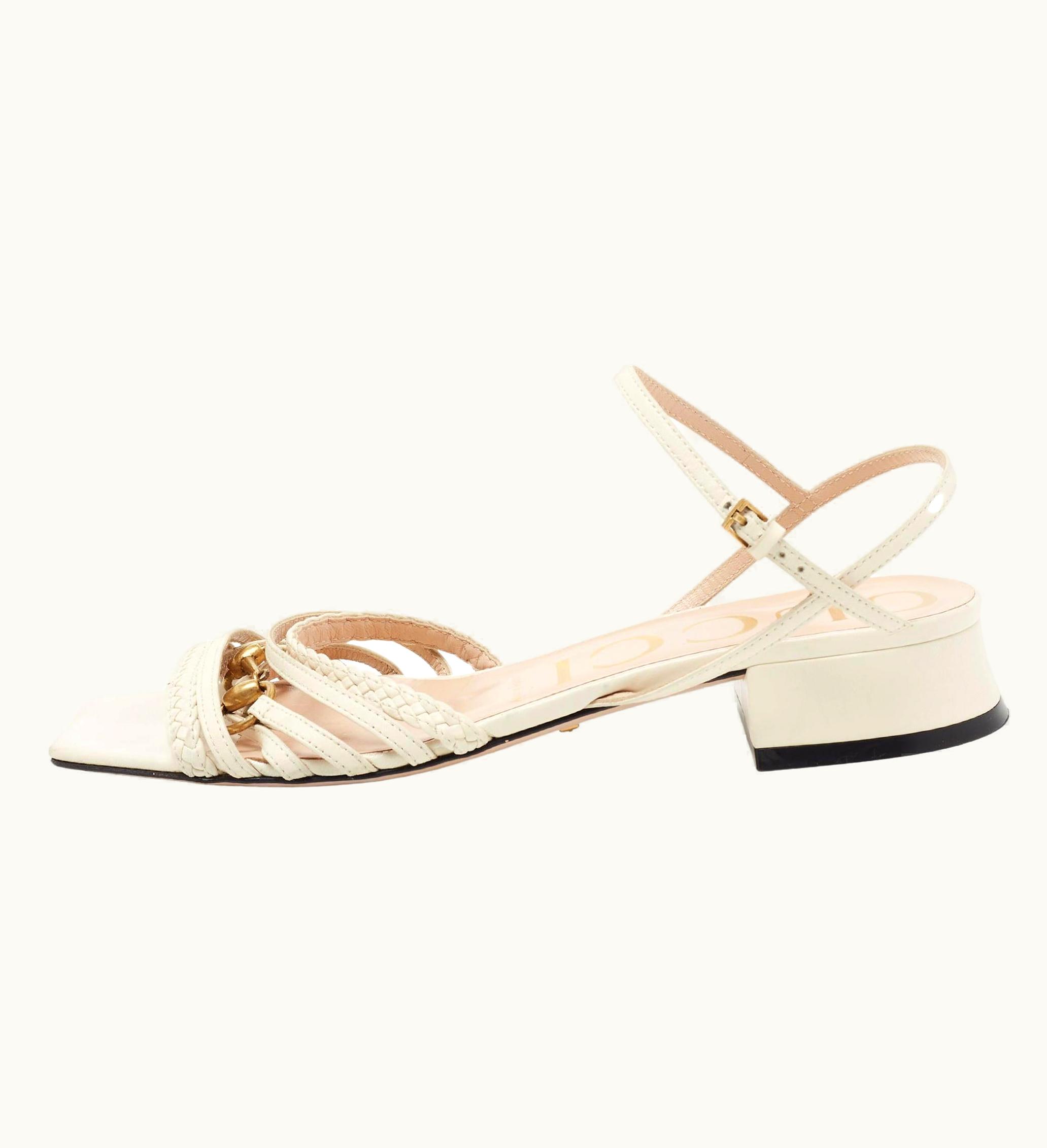 Gucci Gucci White Leather Horsebit Ketty Ankle Strap Sandals