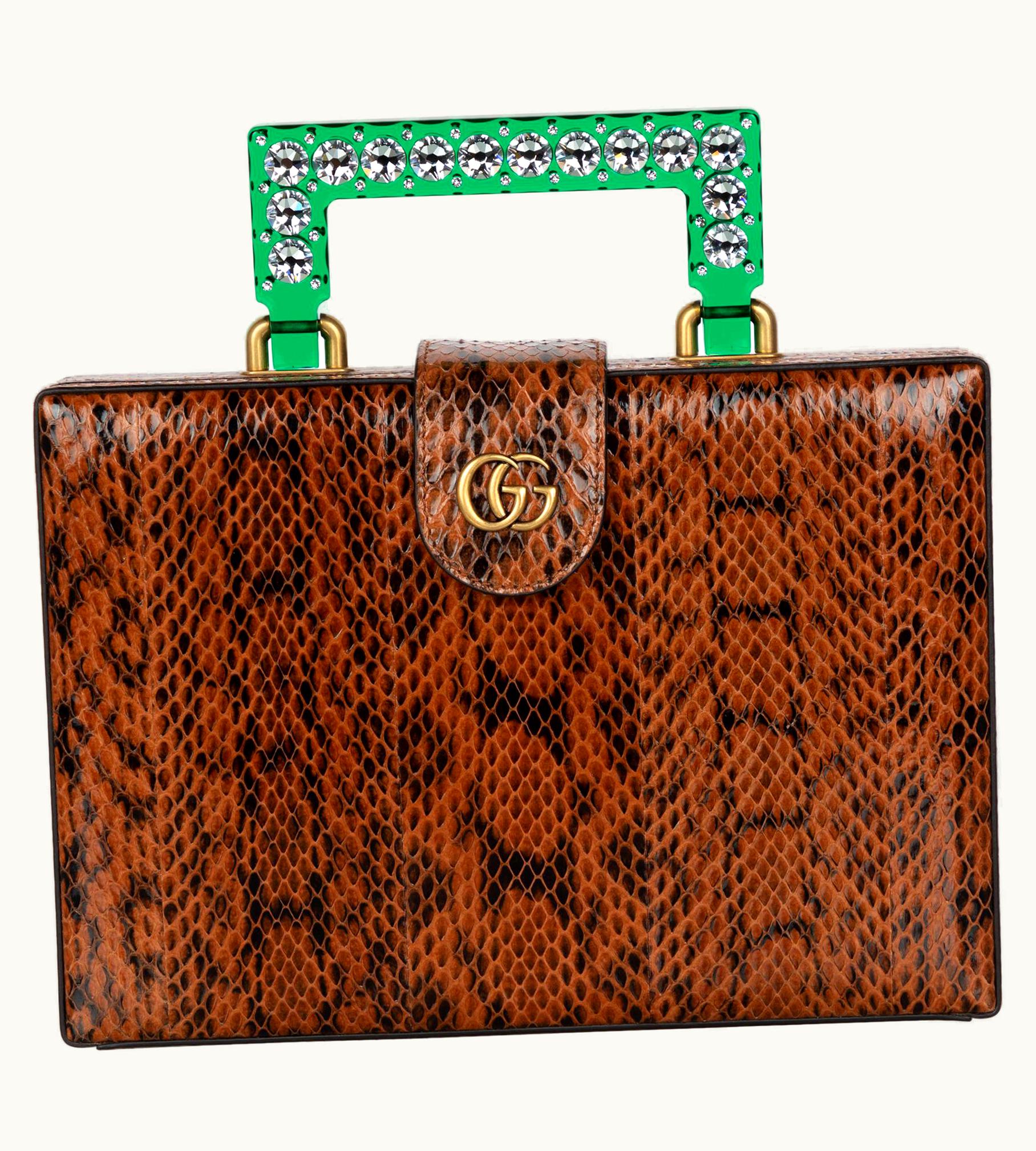 Gucci Gucci Broadway Snakeskin Green Lucite Crystal Top Handel Bag 2018