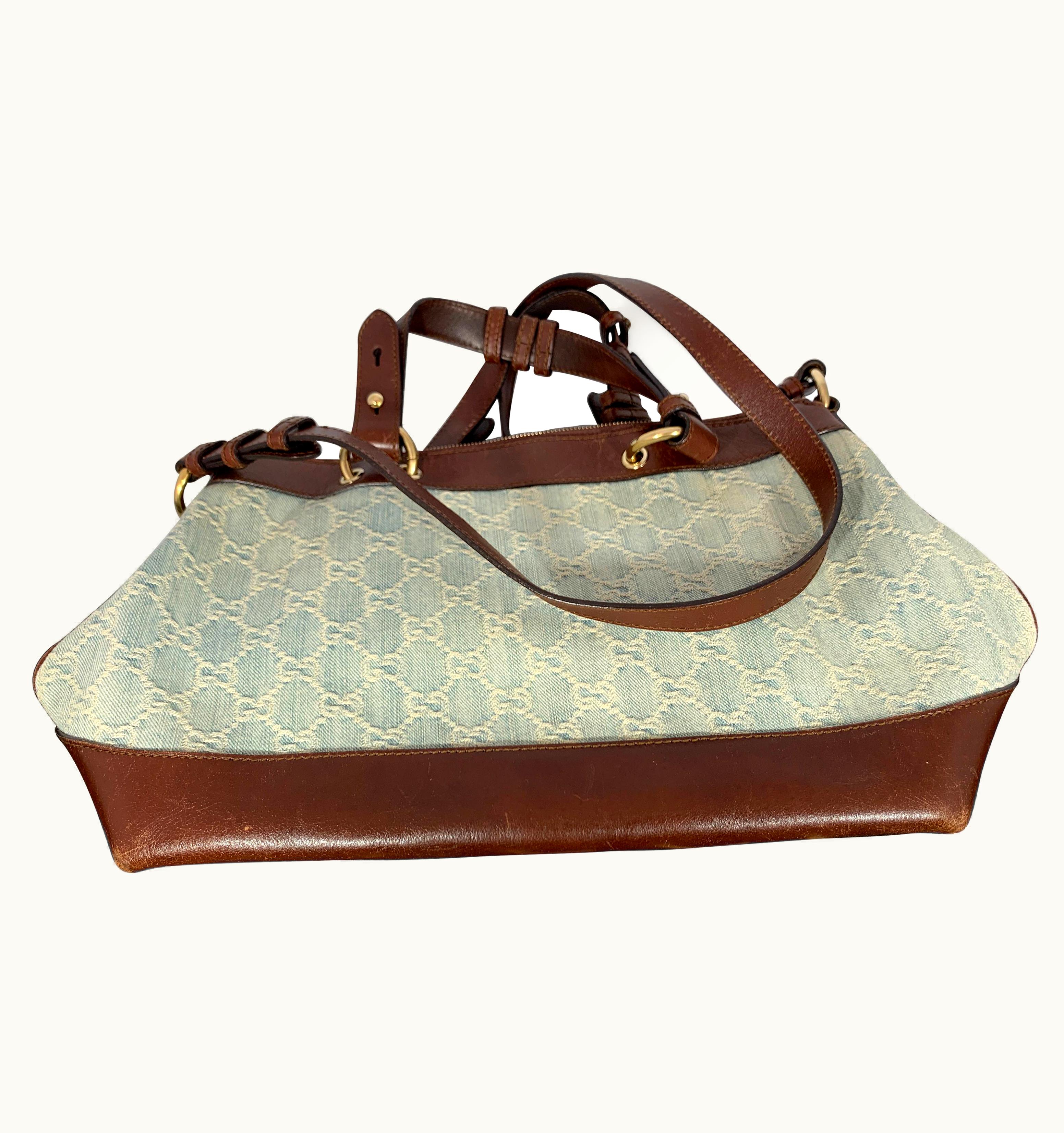 Gucci Gucci Tote Light Bag Blue Canvas Purse With Brown Leather